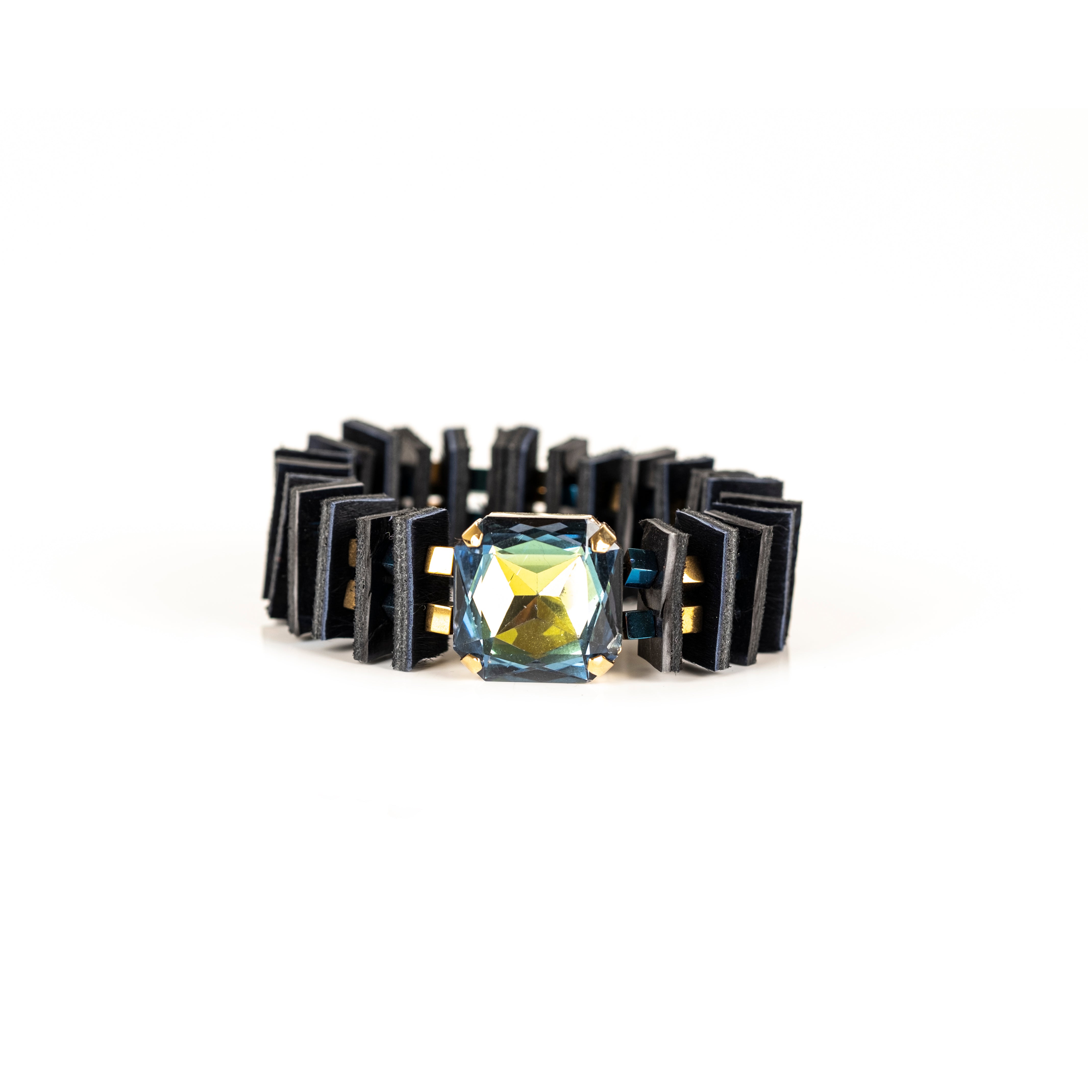 Black layered leather bracelet with large crystal prism and metallic accents, handmade statement bracelet by THE DARK