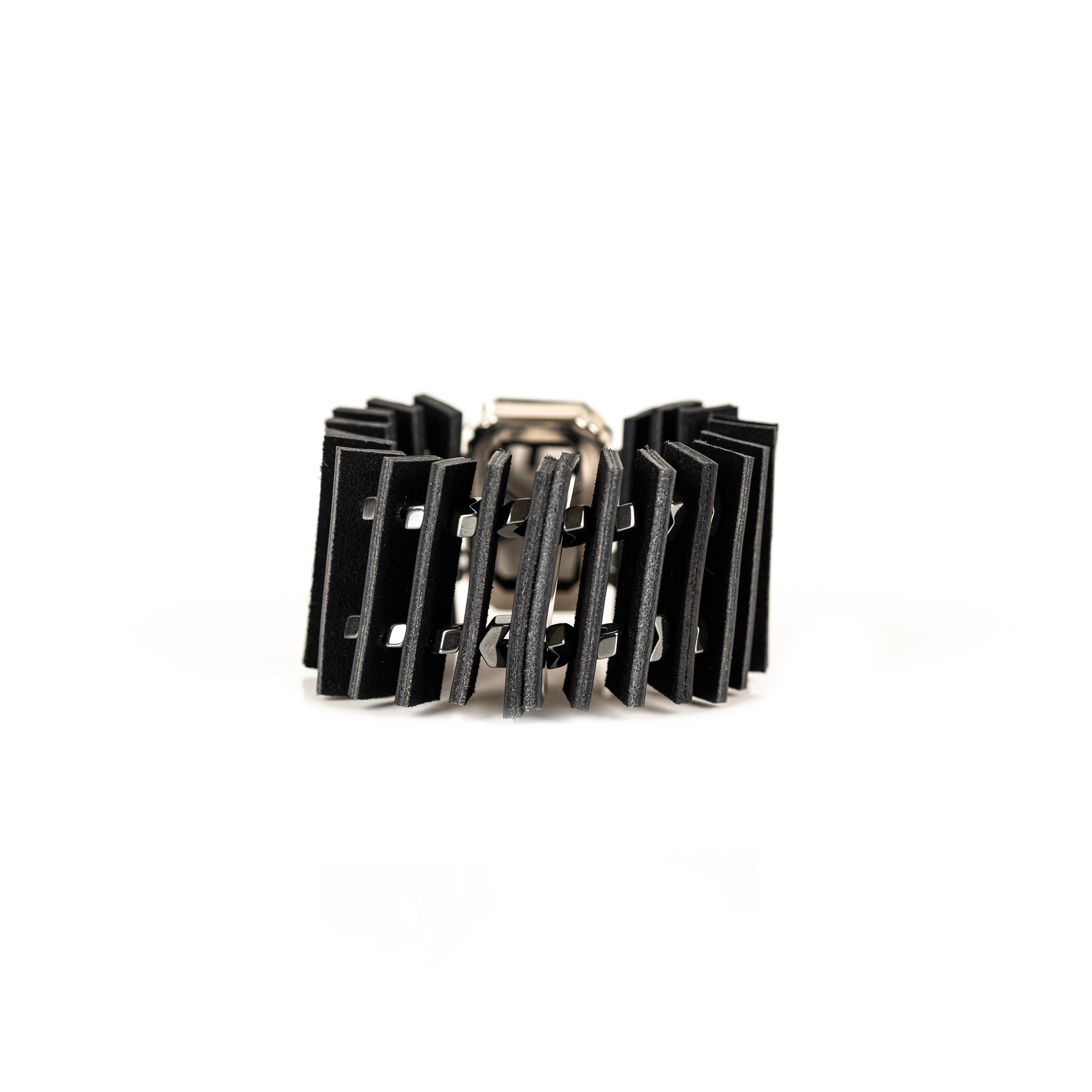 Black leather sculptural bracelet with large faceted black crystal and layered geometric leather panels, handmade statement bracelet by THE DARK