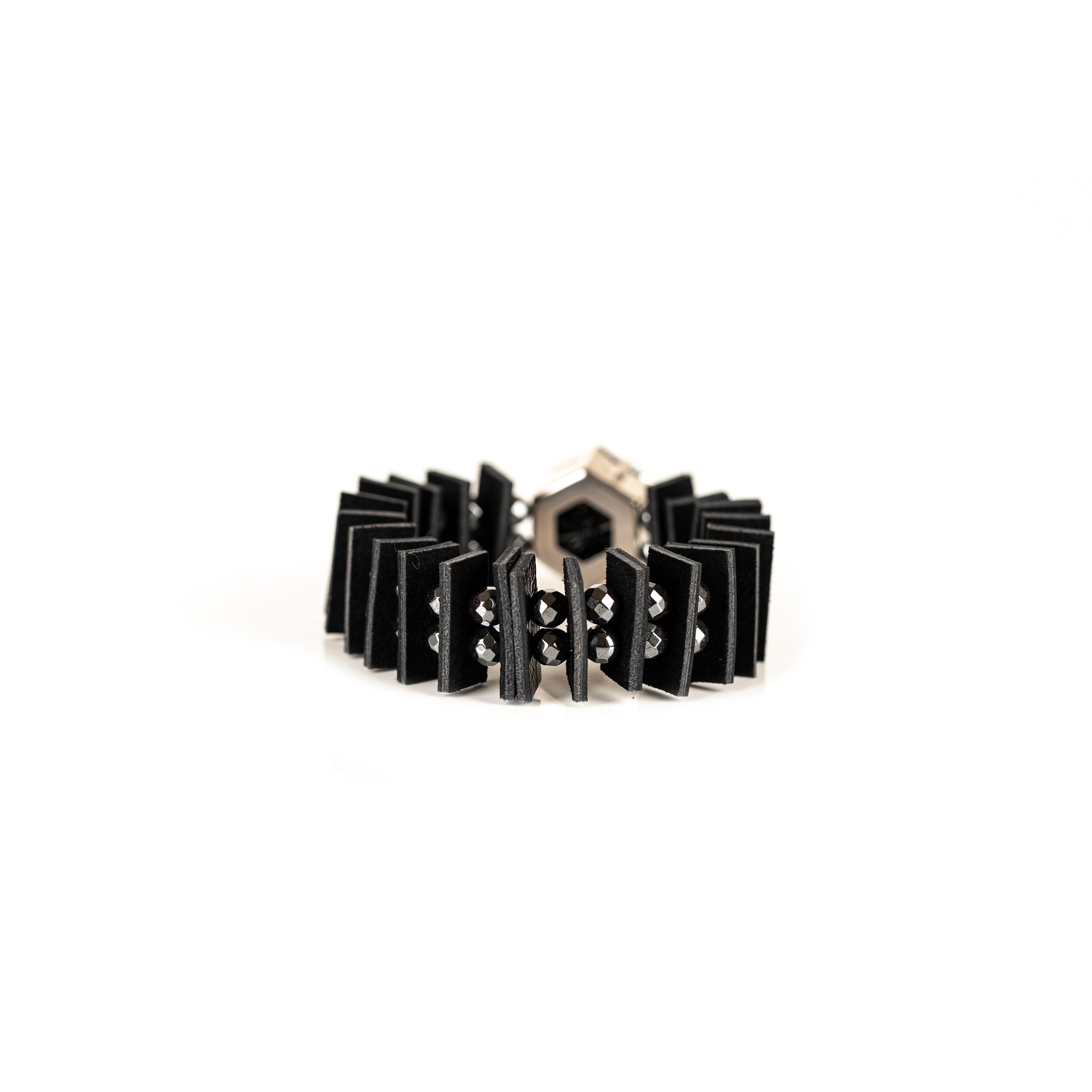 Black geometric leather bracelet with faceted crystal centerpiece, handmade avant-garde leather bracelet by THE DARK