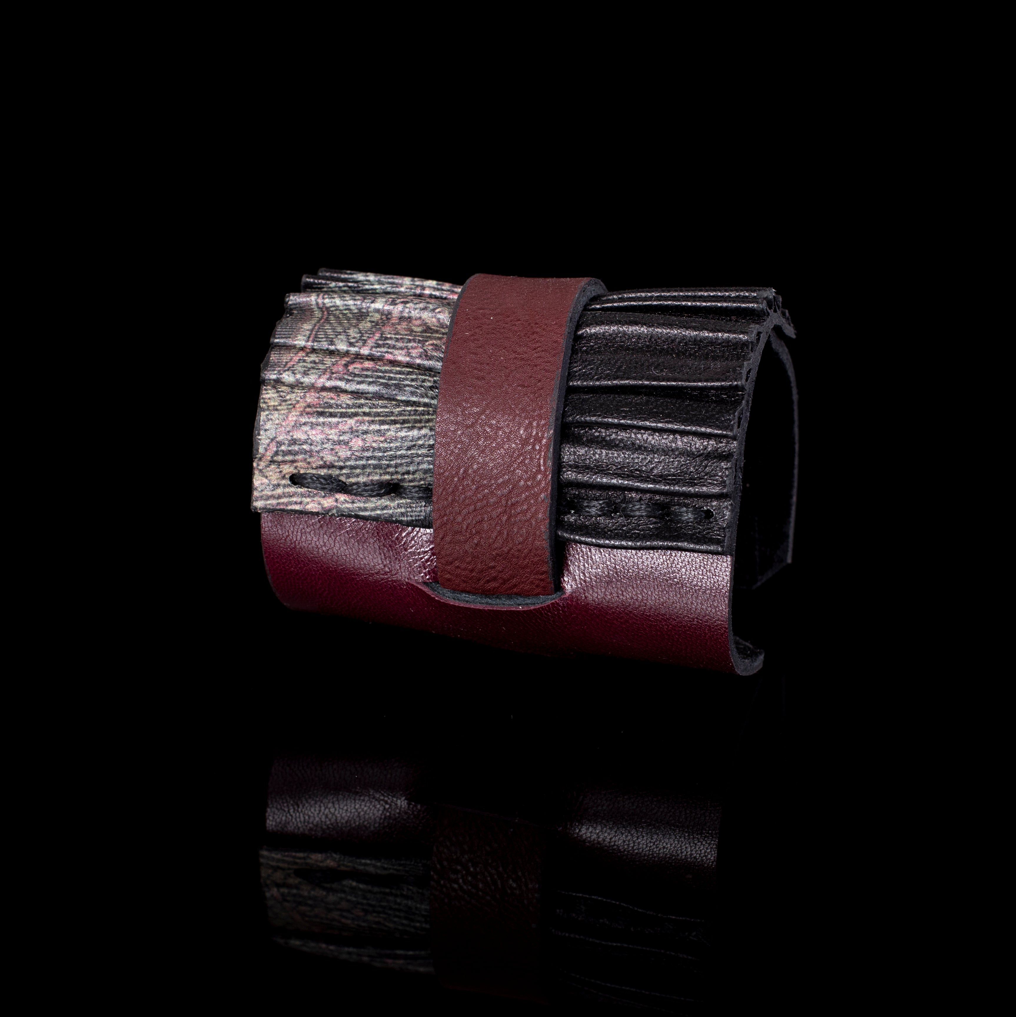 Brown leather cuff bracelet with pleated leather and textured fabric detail, handcrafted wide statement bracelet for women