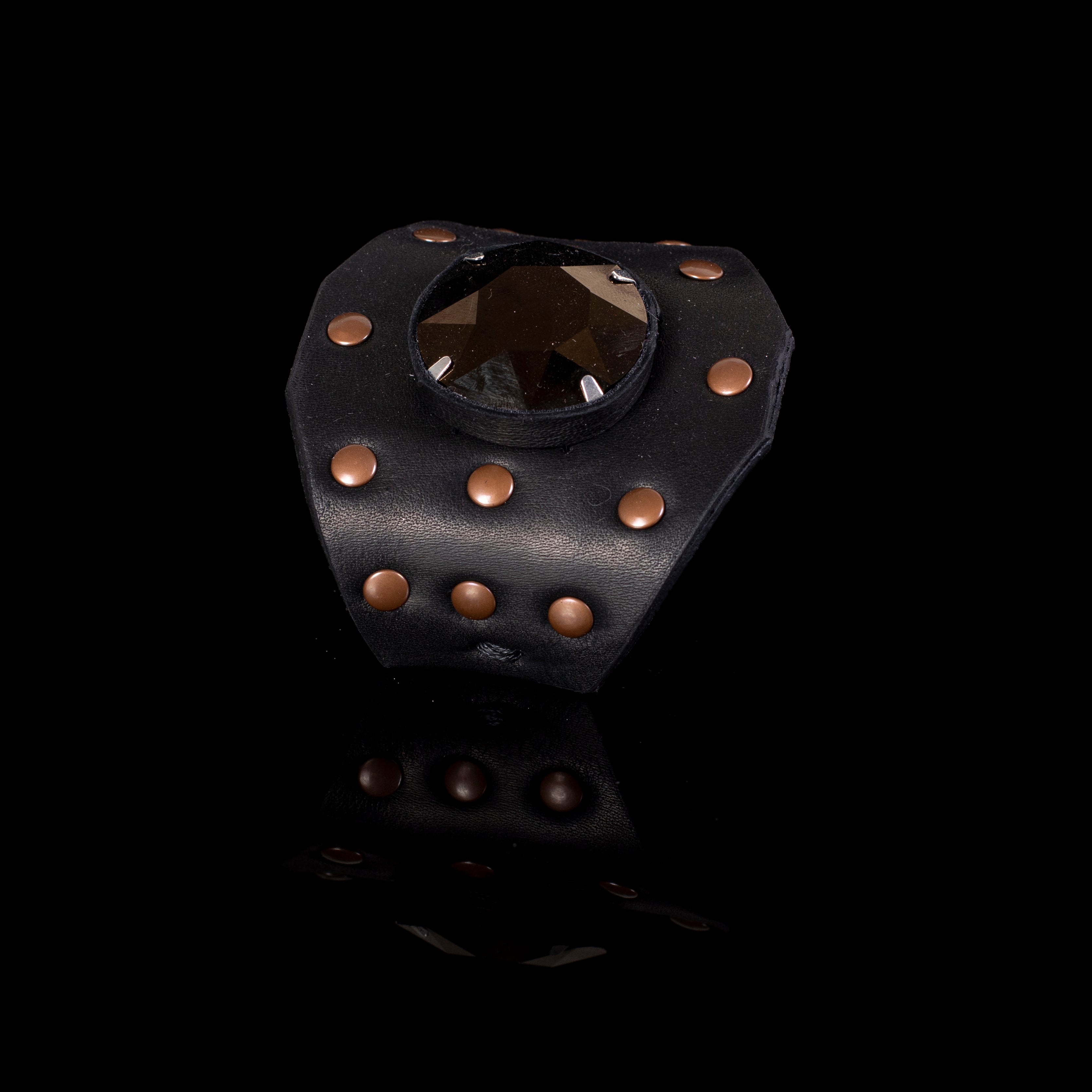 Black leather cuff bracelet with large faceted crystal and copper studs, handcrafted wide statement bracelet for women