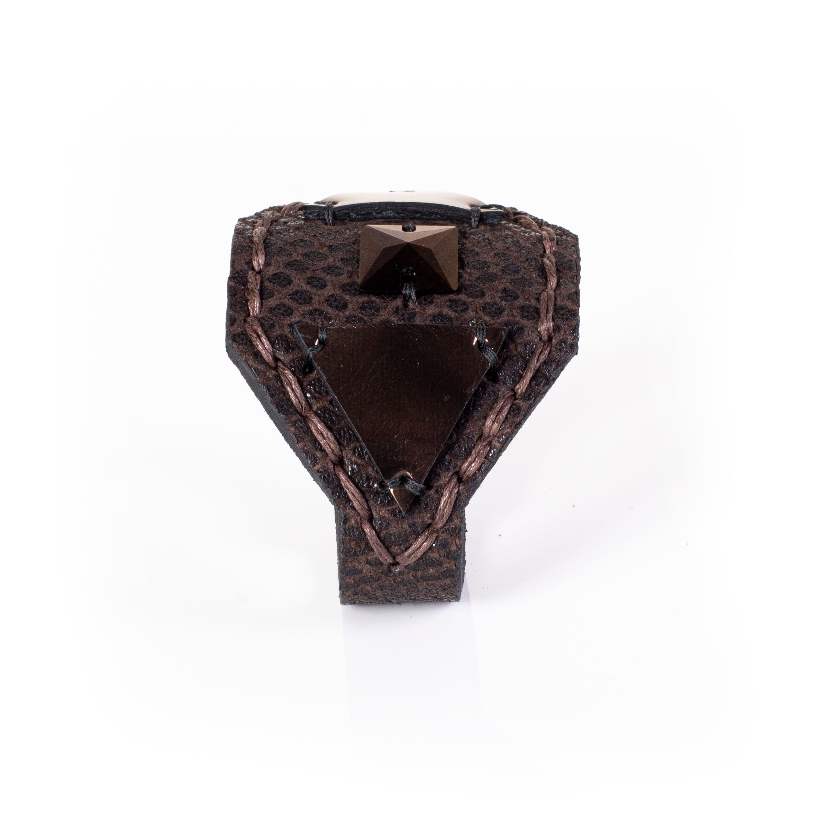 Brown python leather cuff bracelet with black wide band and gold metal bar detail, handcrafted statement wrist accessory for men