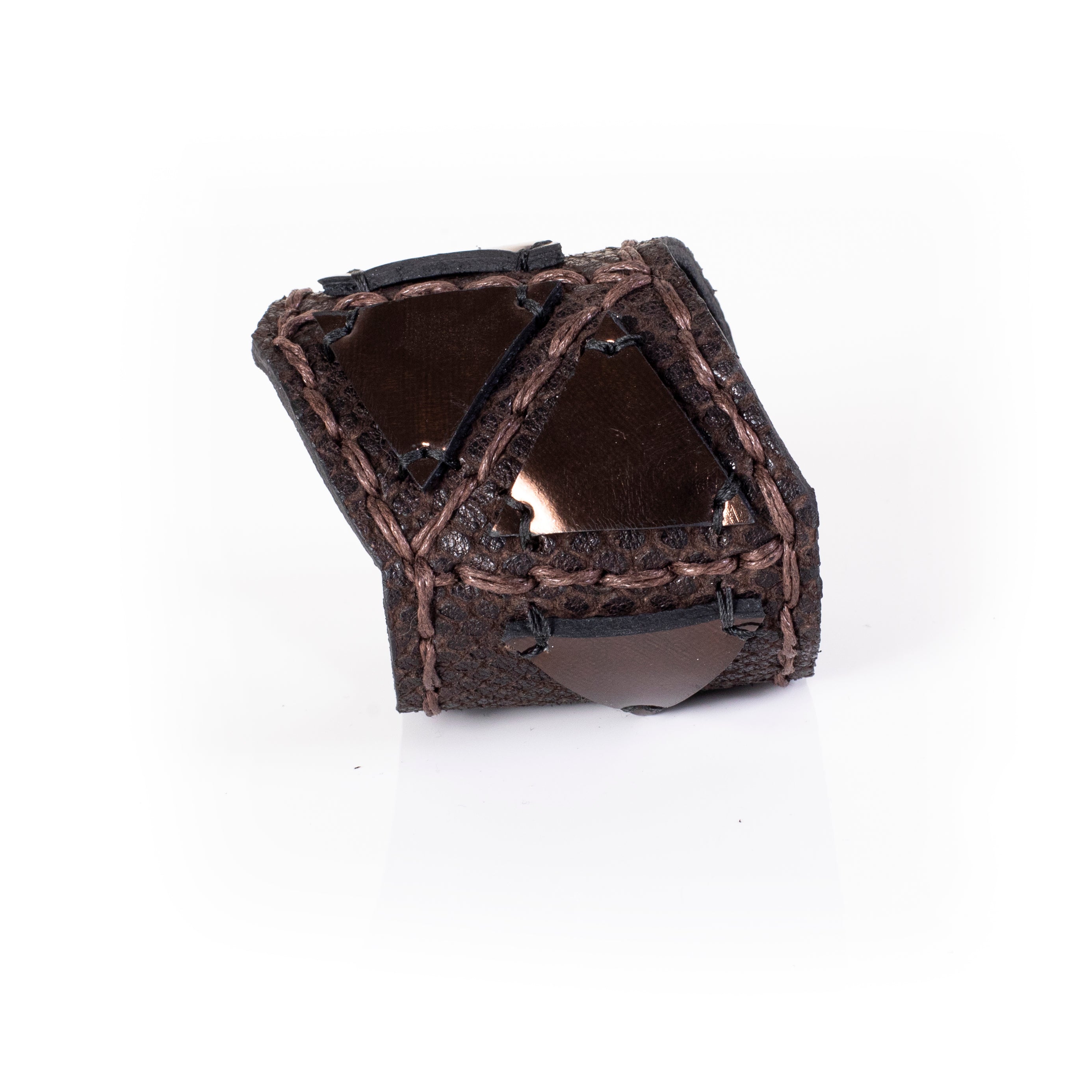 Brown leather cuff bracelet with triangular panels and heavy stitching detail, handcrafted wide statement bracelet for women