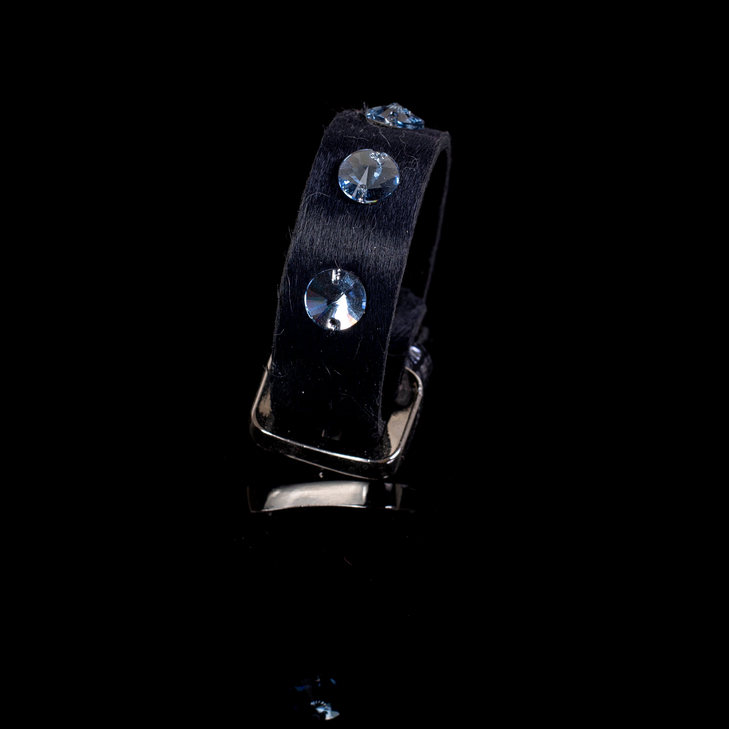 Black haircalf leather cuff bracelet with blue round crystals, handcrafted minimalist statement bracelet for women by THE DARK