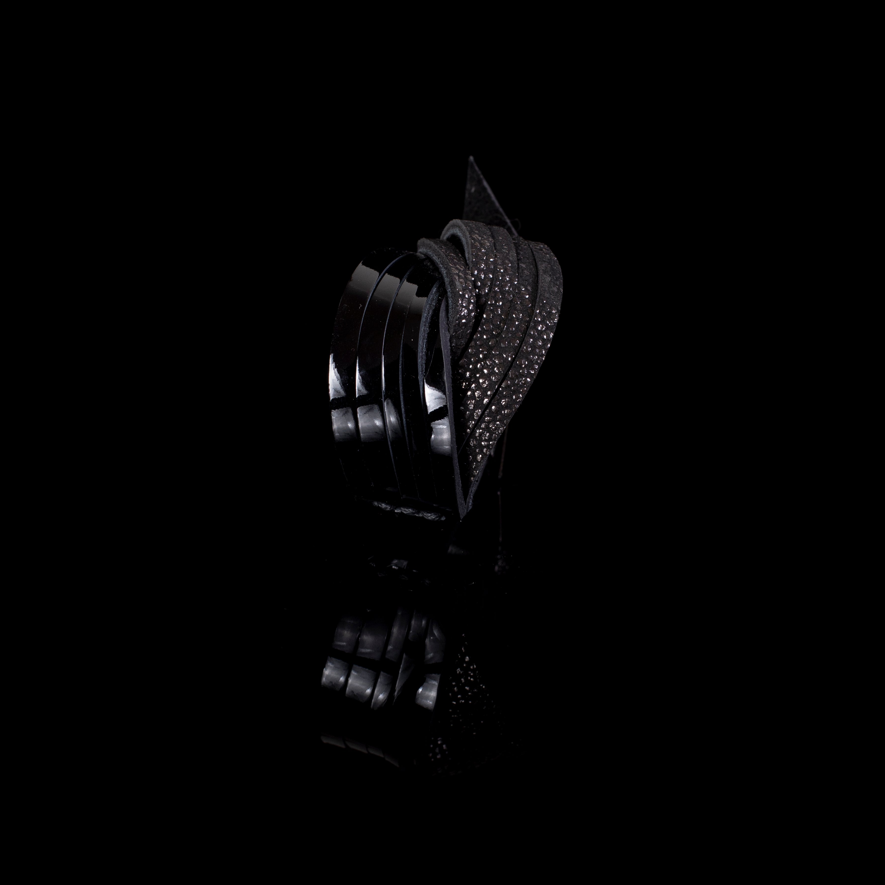 Black leather cuff bracelet with layered glossy strips and textured leather, wide statement bracelet for women