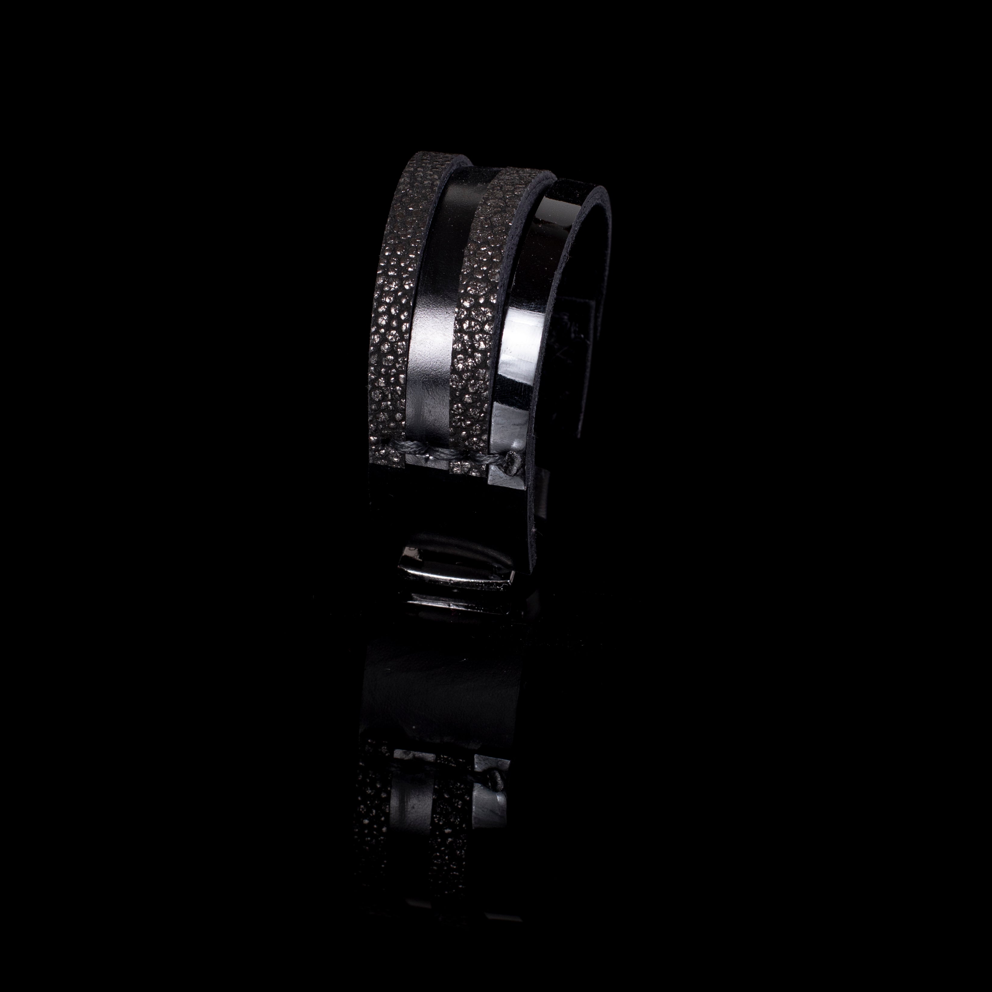 Black leather cuff bracelet with layered glossy and textured strips, wide statement bracelet for women