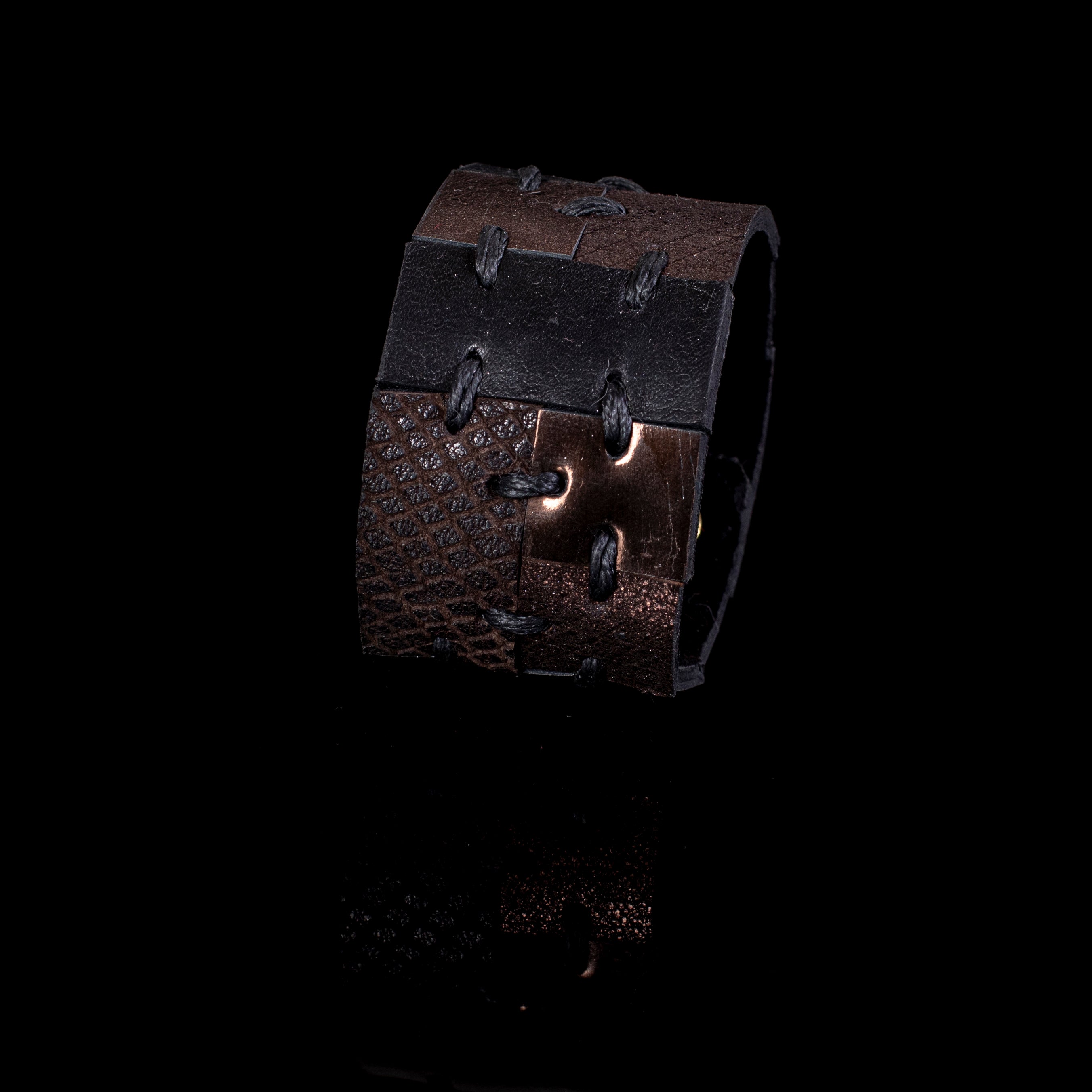 Black and bronze leather cuff bracelet with stitched panel design and textured leather, handcrafted wide statement bracelet for women