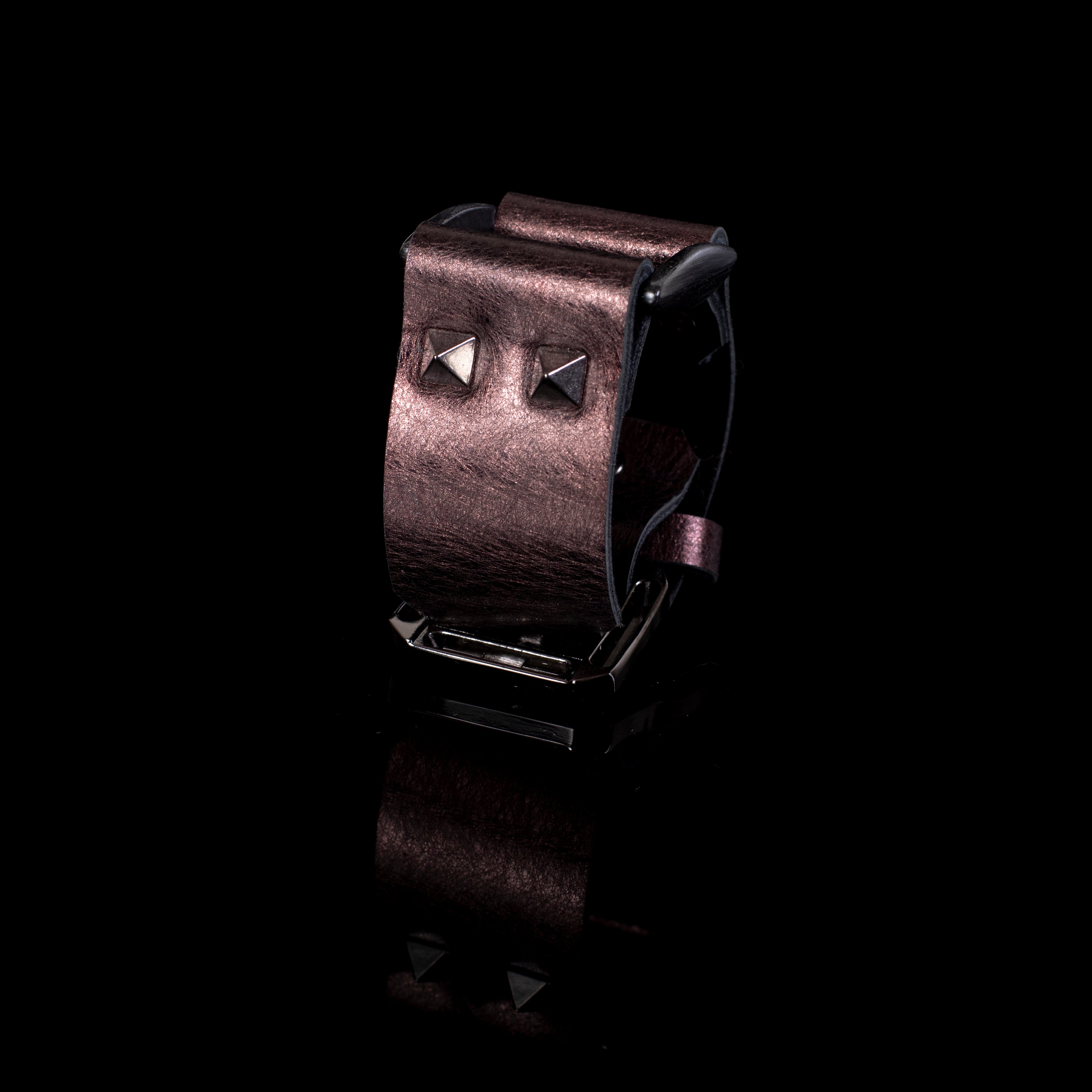 Bronze metallic leather cuff bracelet with pyramid studs and layered design, handcrafted wide statement bracelet for women