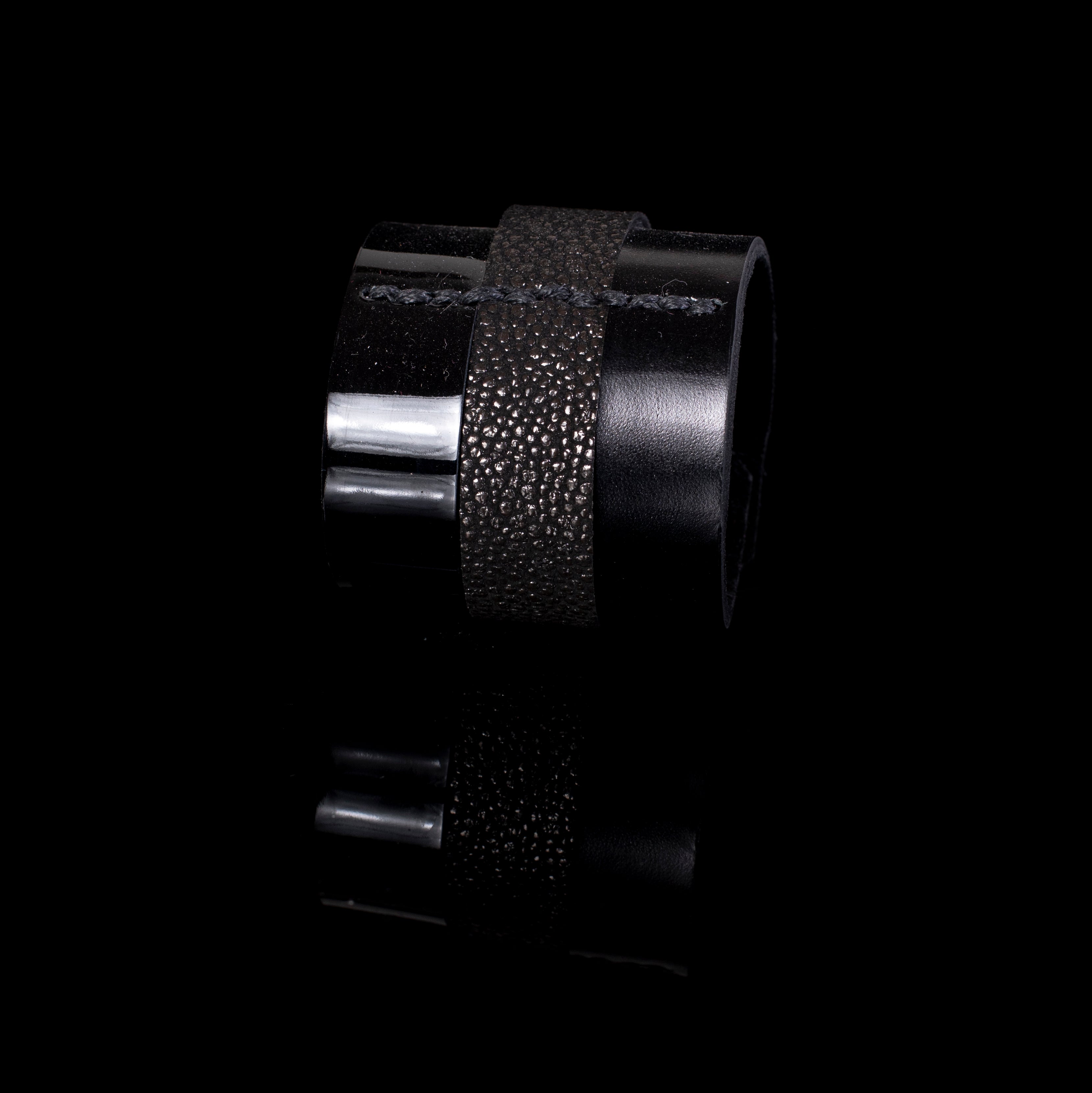 Black leather cuff bracelet with glossy and textured center band, wide statement bracelet for women