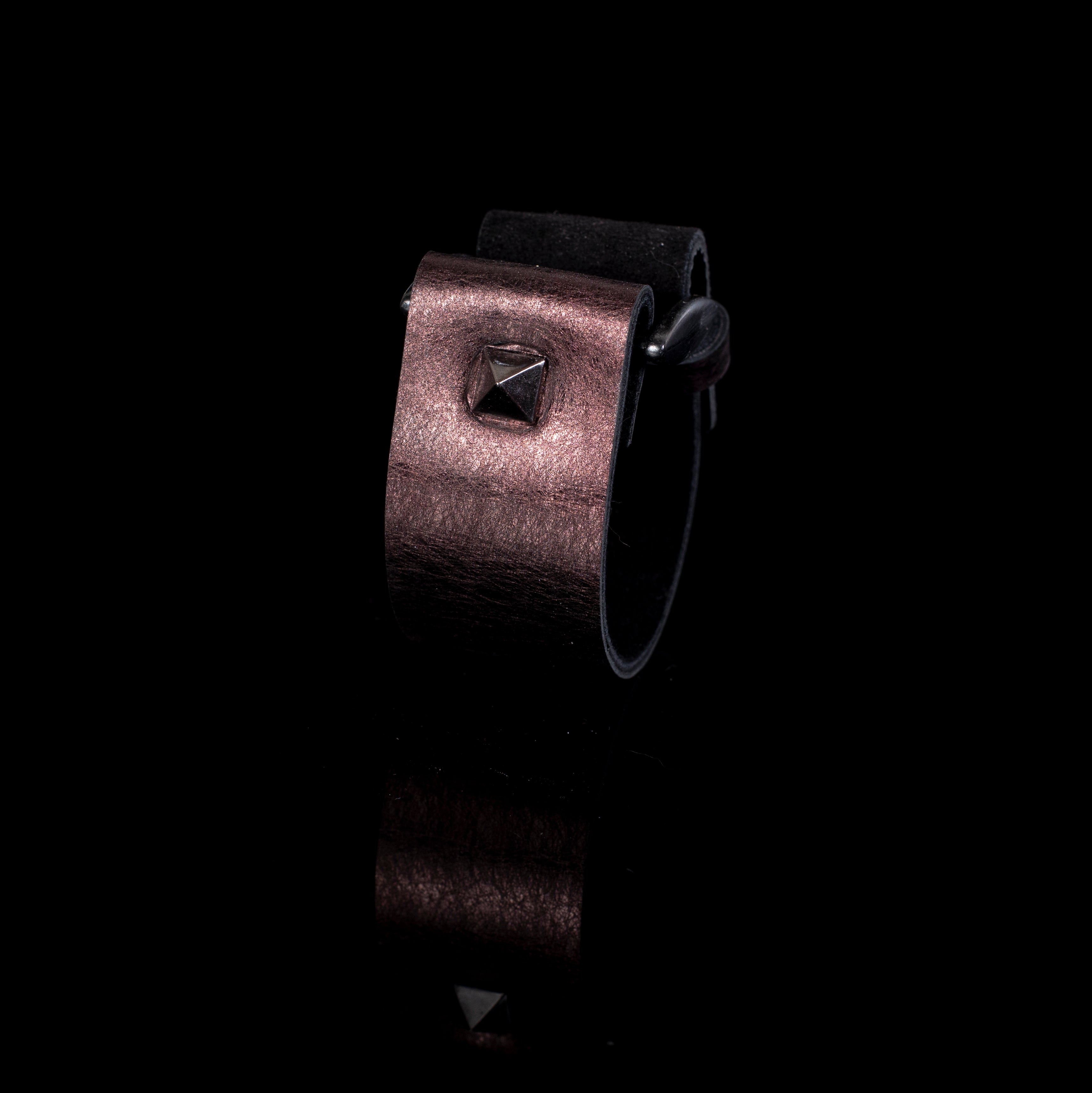 Bronze metallic leather cuff bracelet with pyramid stud and buckle closure, handcrafted wide minimalist statement bracelet for women