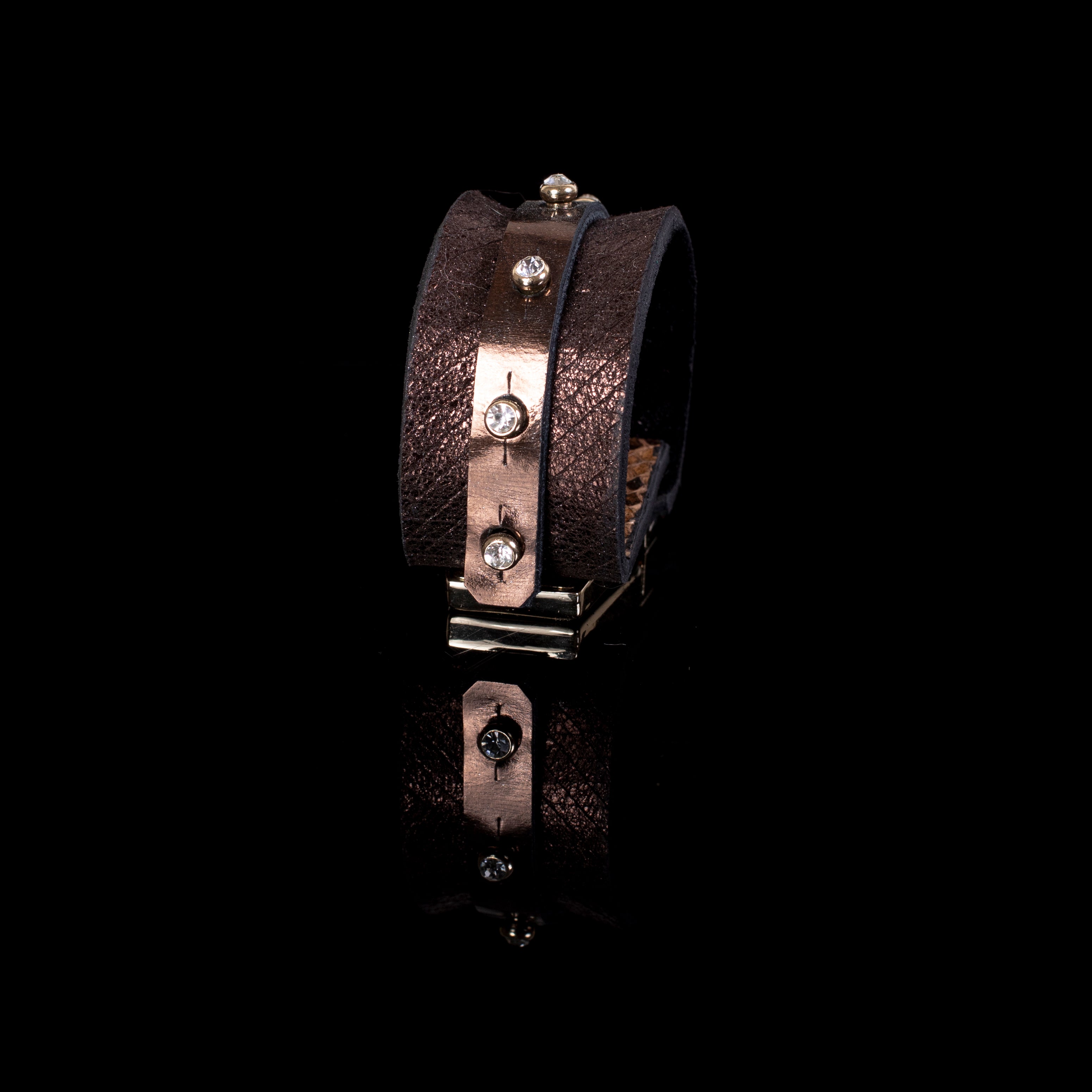 Brown metallic leather cuff bracelet with crystal studs and gold strip detail, handcrafted wide statement bracelet for women