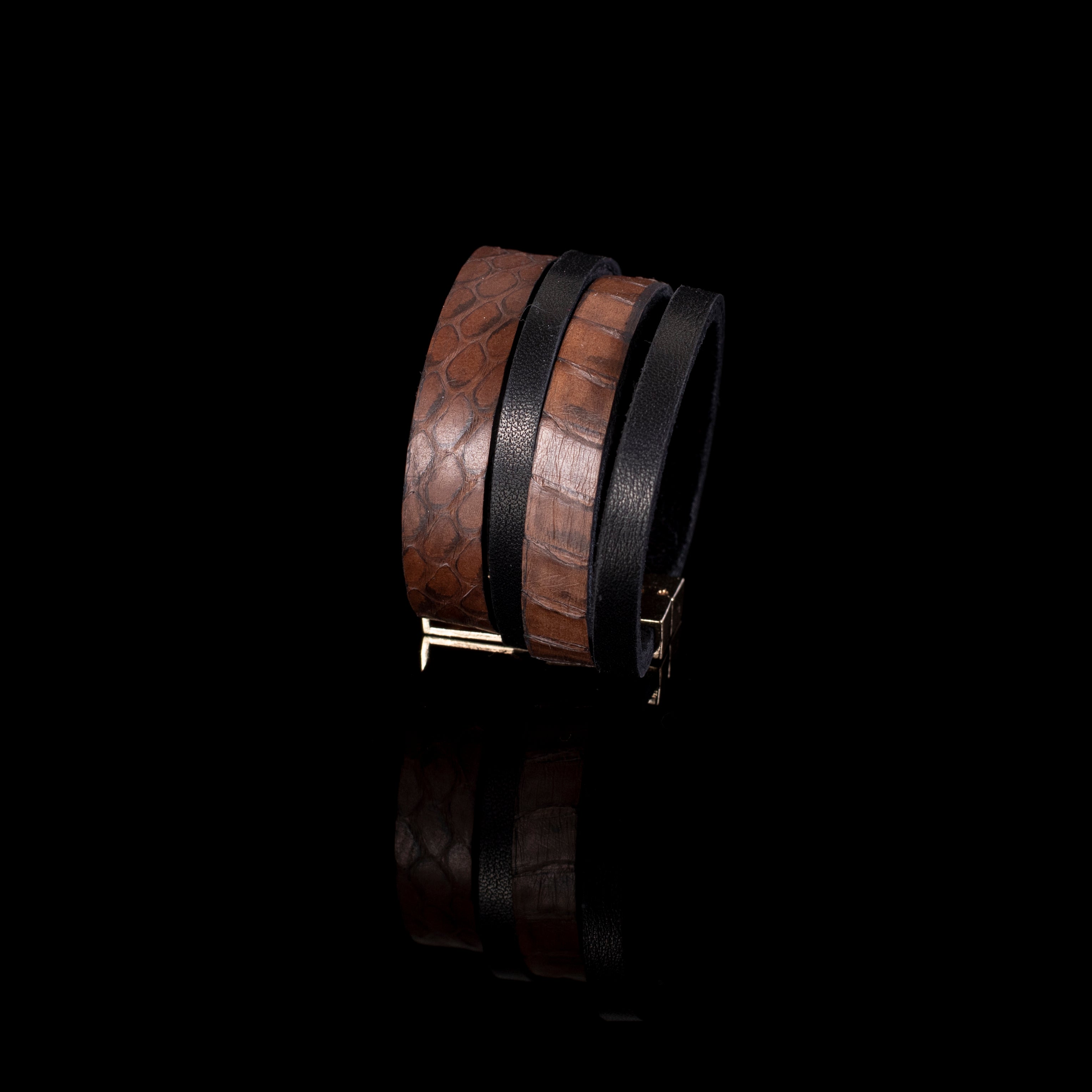 Brown and black layered leather cuff bracelet with textured reptile pattern, wide multi-band statement bracelet for women