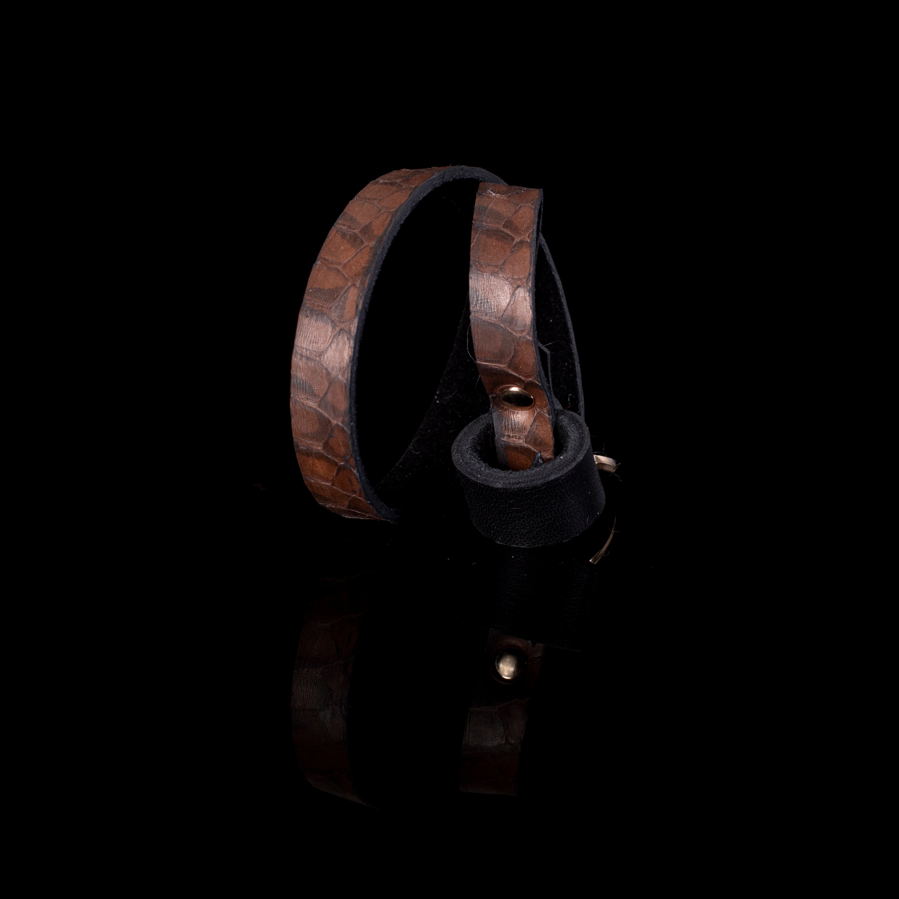 Brown textured leather cuff bracelet with reptile pattern and gold clasp, minimalist wide leather bracelet for women