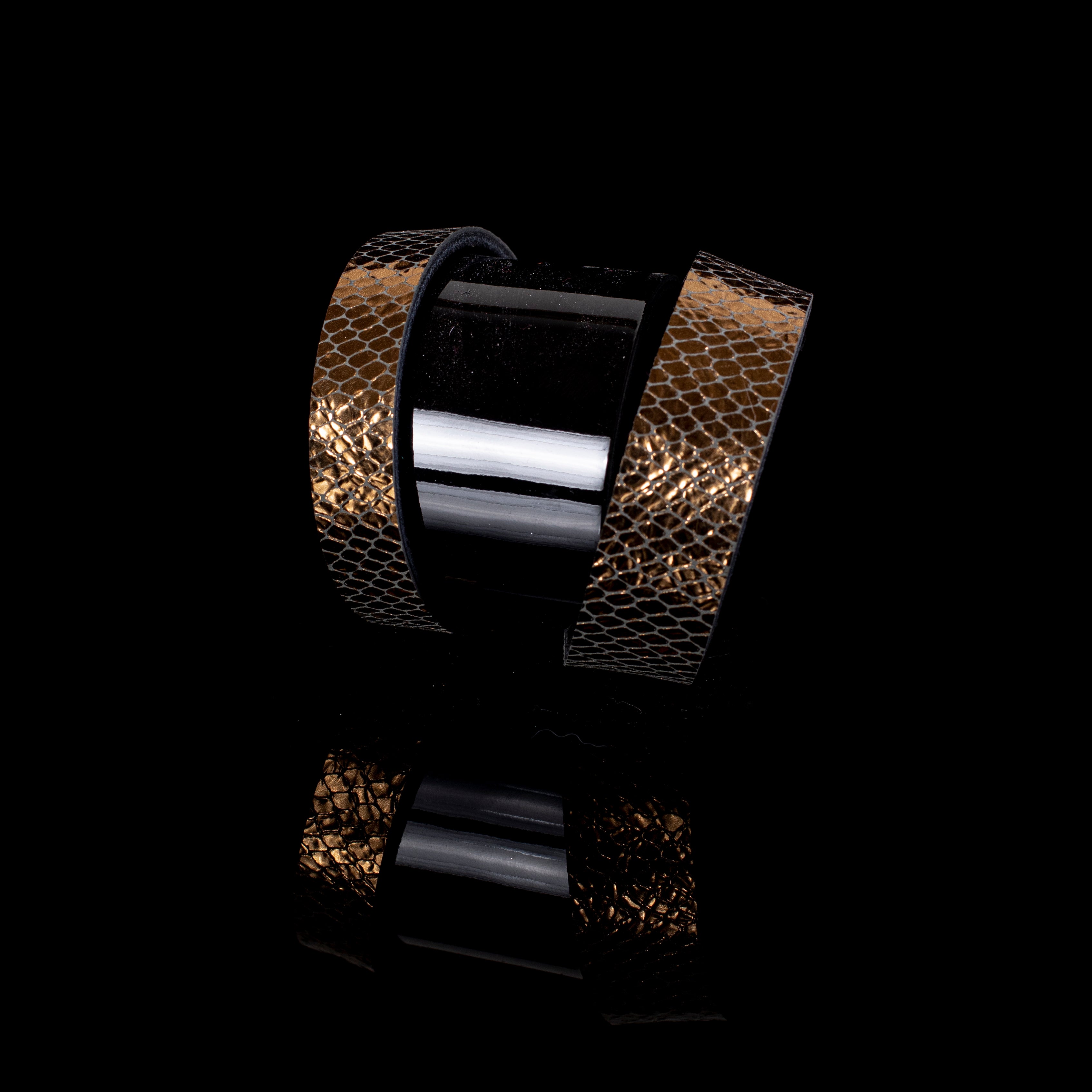 Black patent leather cuff bracelet with gold python textured side panels, wide handcrafted statement bracelet for women by THE DARK