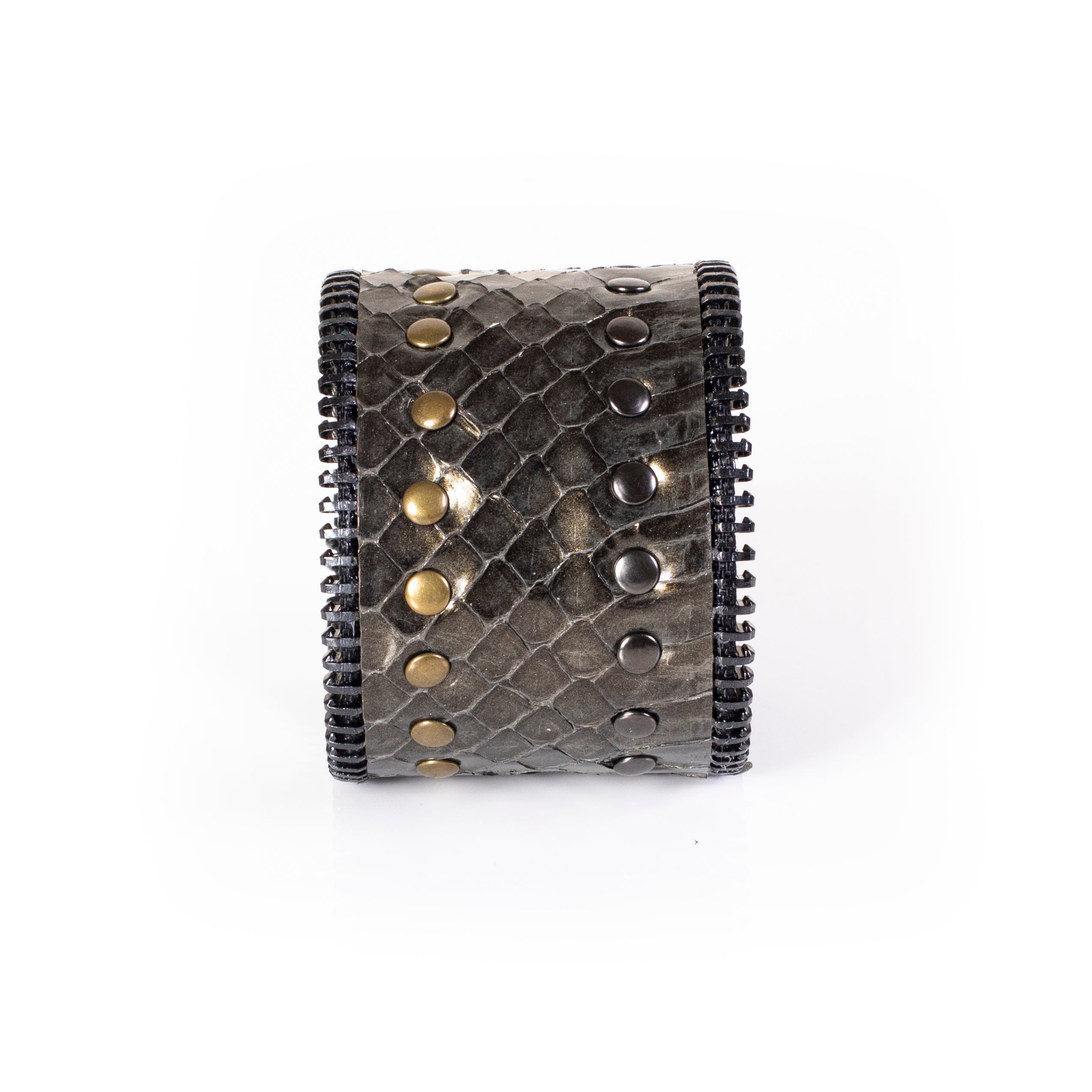 Gold python leather cuff bracelet with mixed metal studs and zipper edge detail, handcrafted wide luxury statement bracelet for women