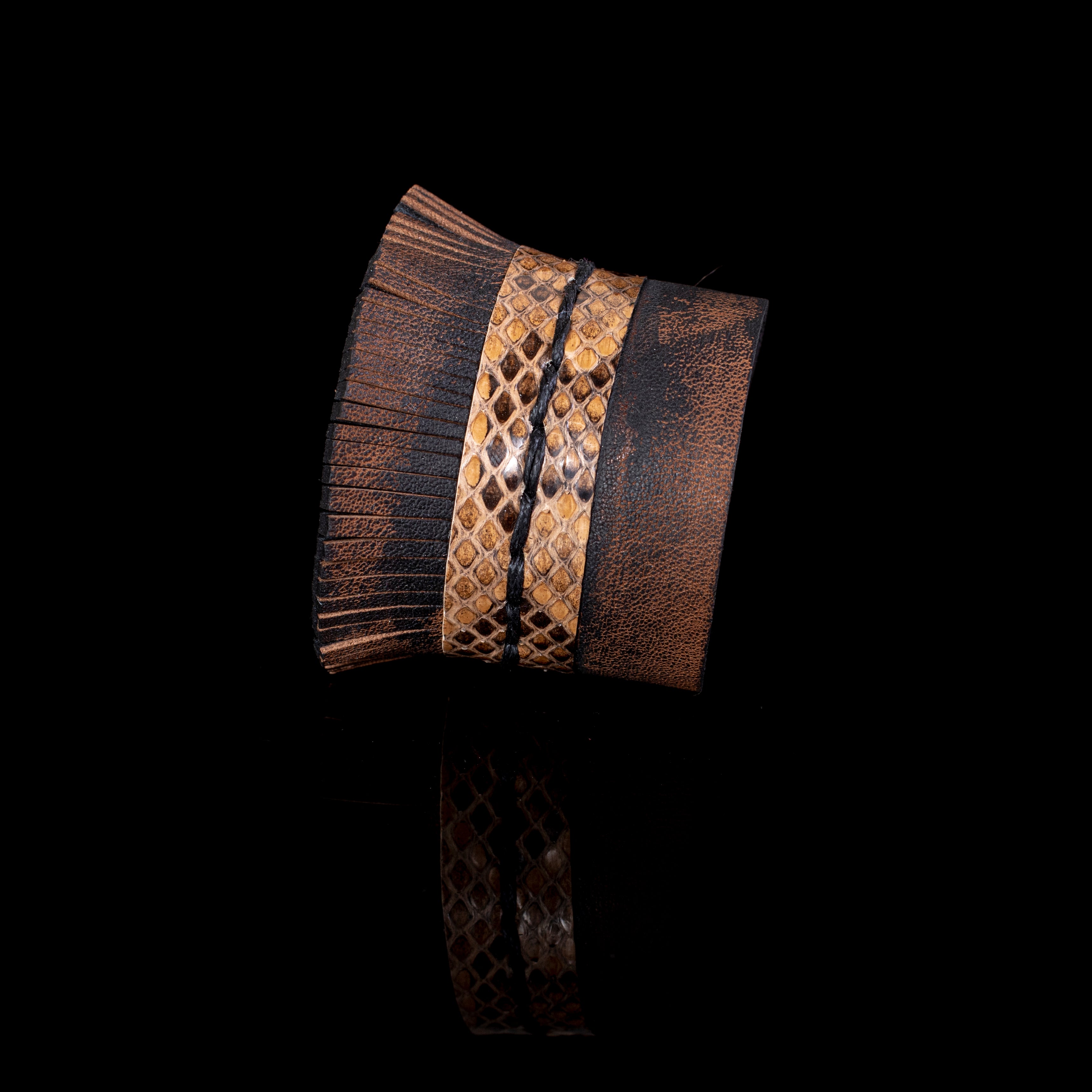 Brown leather cuff bracelet with python textured panel, fringe edge and hand stitching, handcrafted wide statement bracelet for women by THE DARK