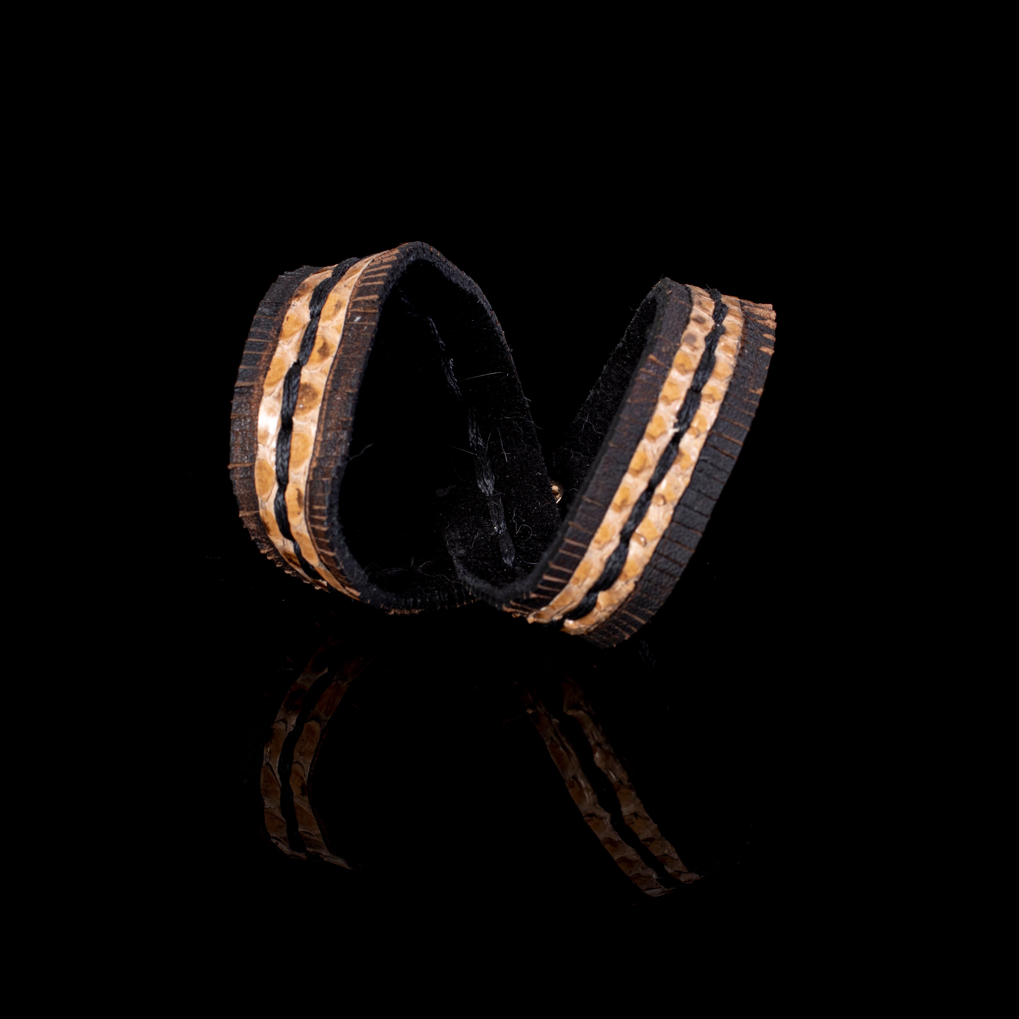 Brown leather double wrap bracelet with python inlay, hand stitching and fringe edges, handcrafted statement bracelet for women by THE DARK