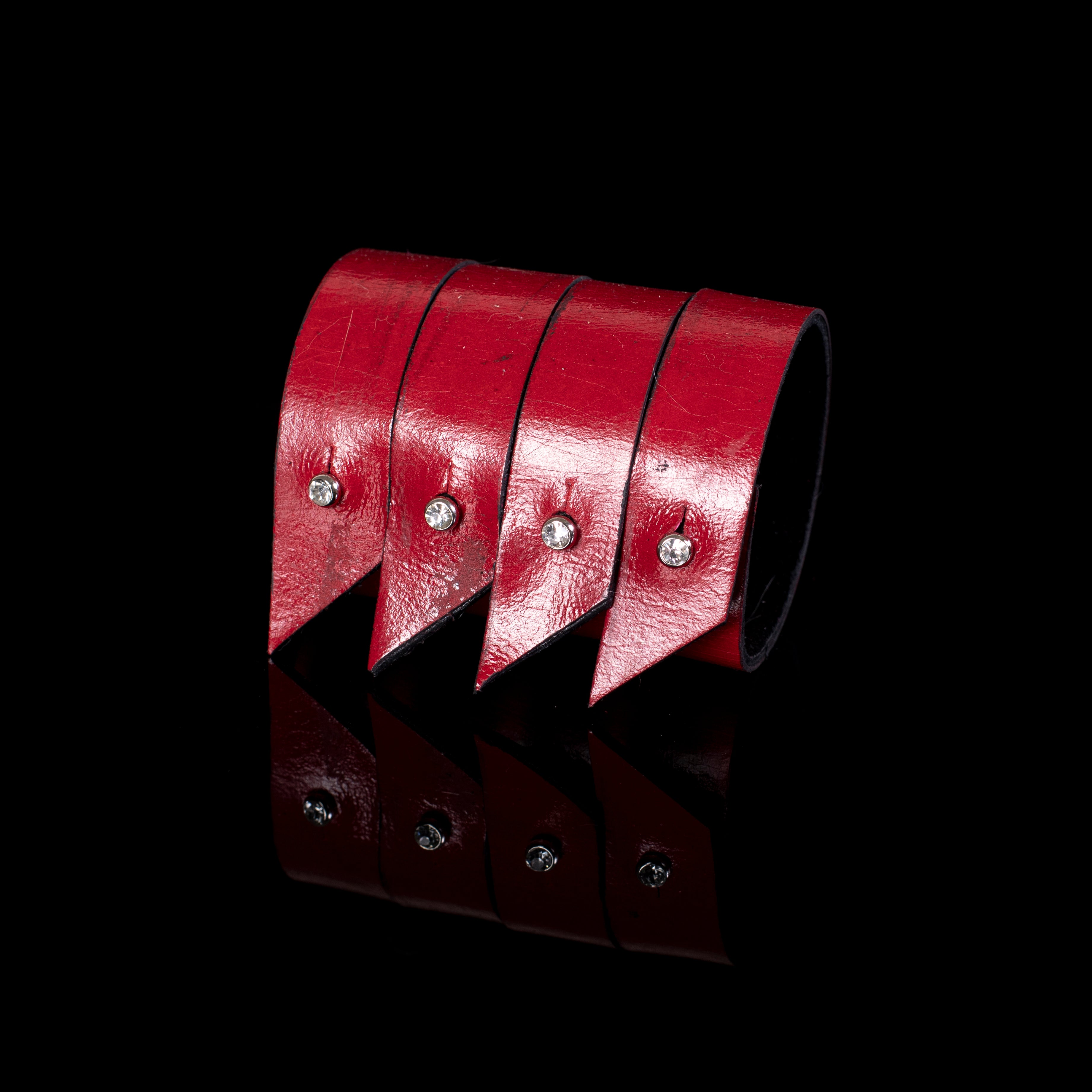 Red leather cuff bracelet with layered pointed panels and crystal studs, handcrafted wide statement bracelet for women
