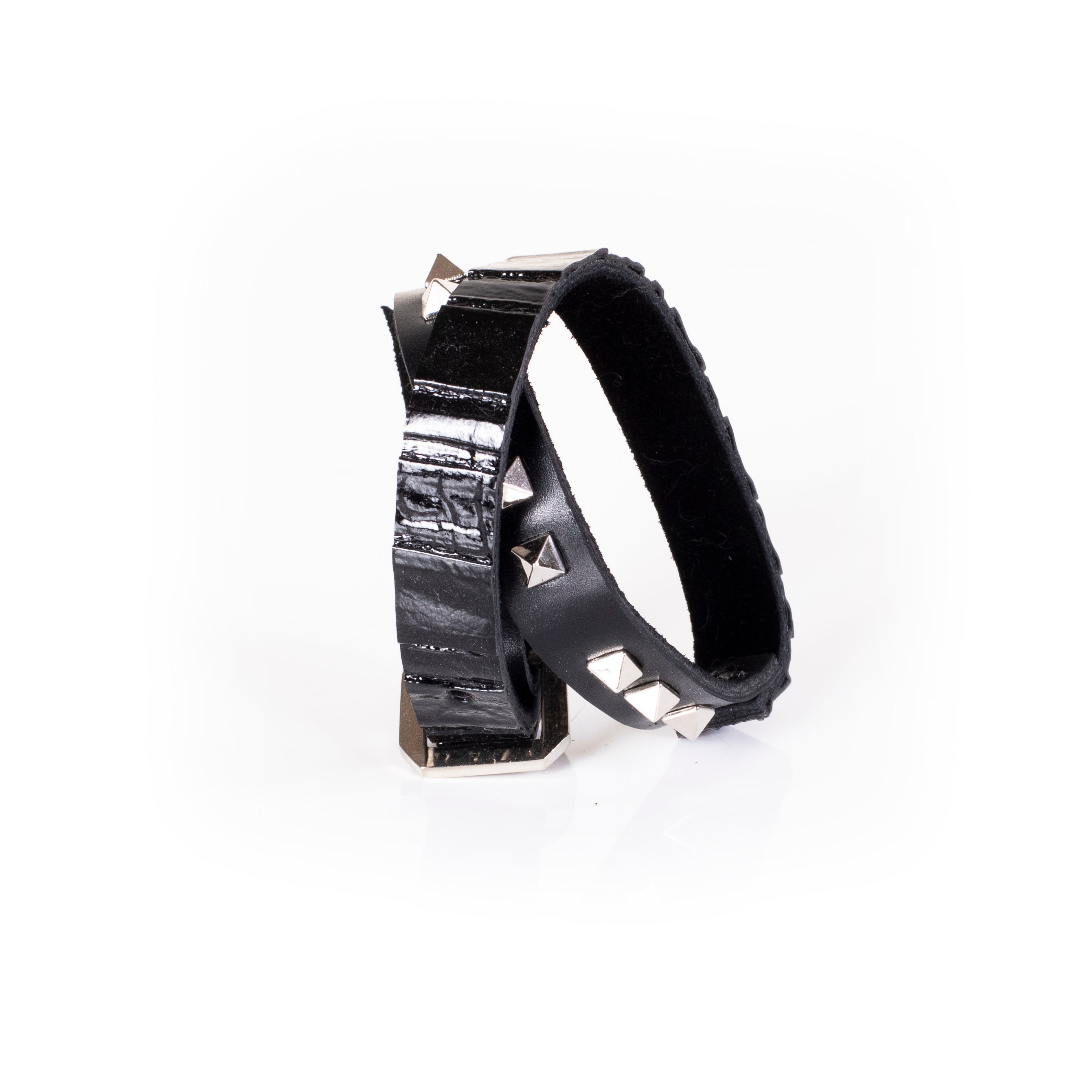 Black leather double wrap bracelet with glossy patent strap and silver studded band, handcrafted layered statement bracelet for women by THE DARK