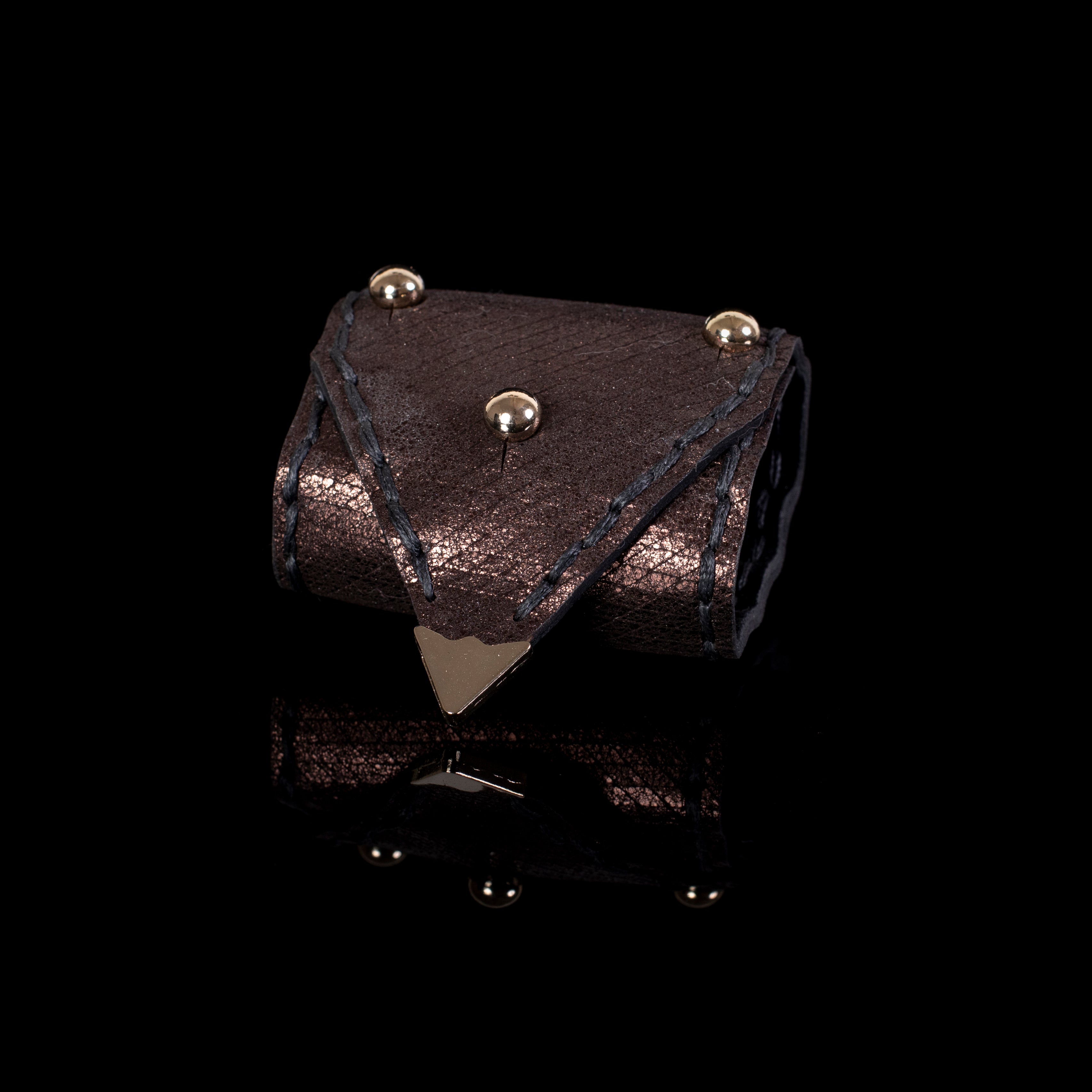 Metallic brown leather cuff bracelet with triangle detail and gold studs, handcrafted statement bracelet for women