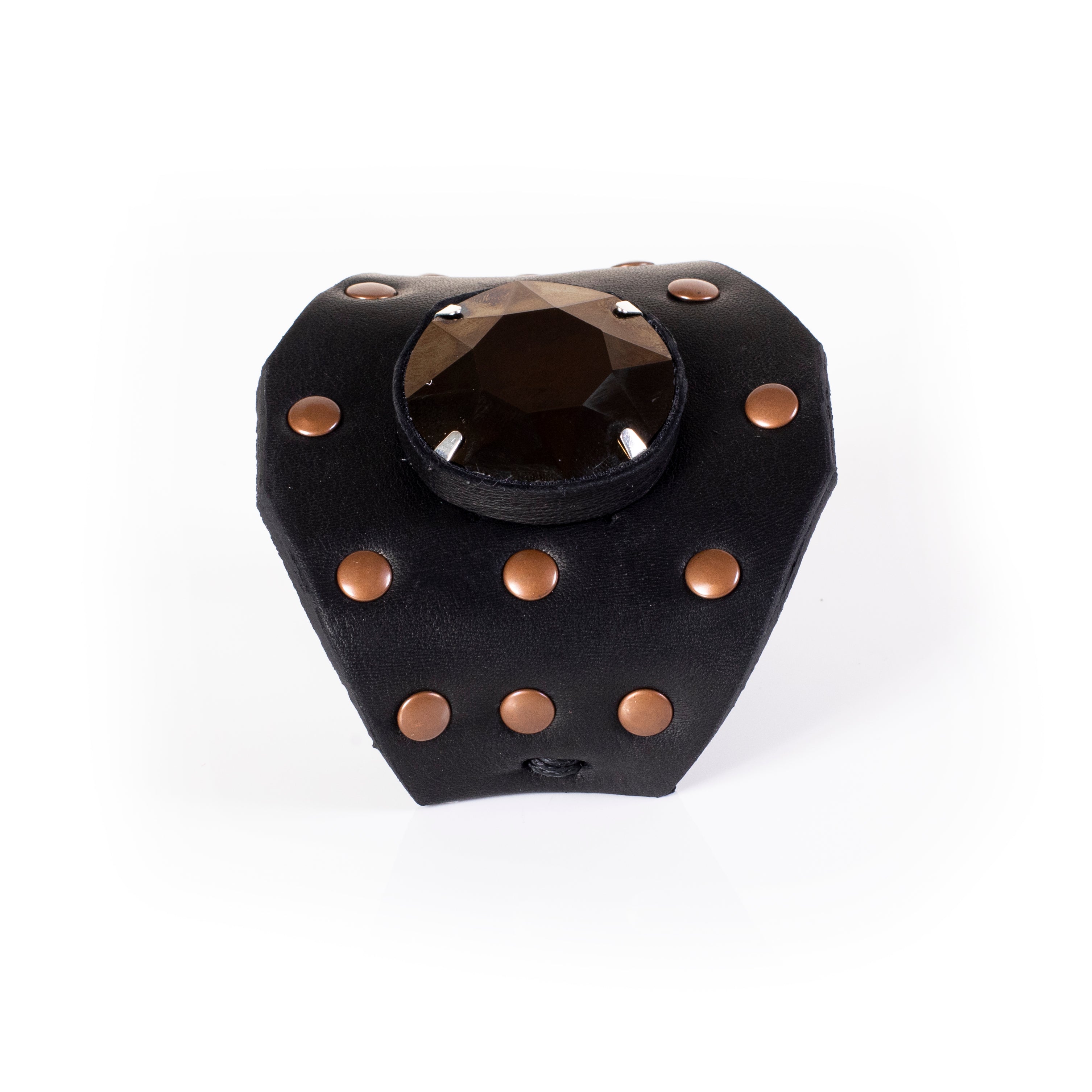 Black leather cuff bracelet with large faceted crystal and copper studs, handcrafted wide statement bracelet for women