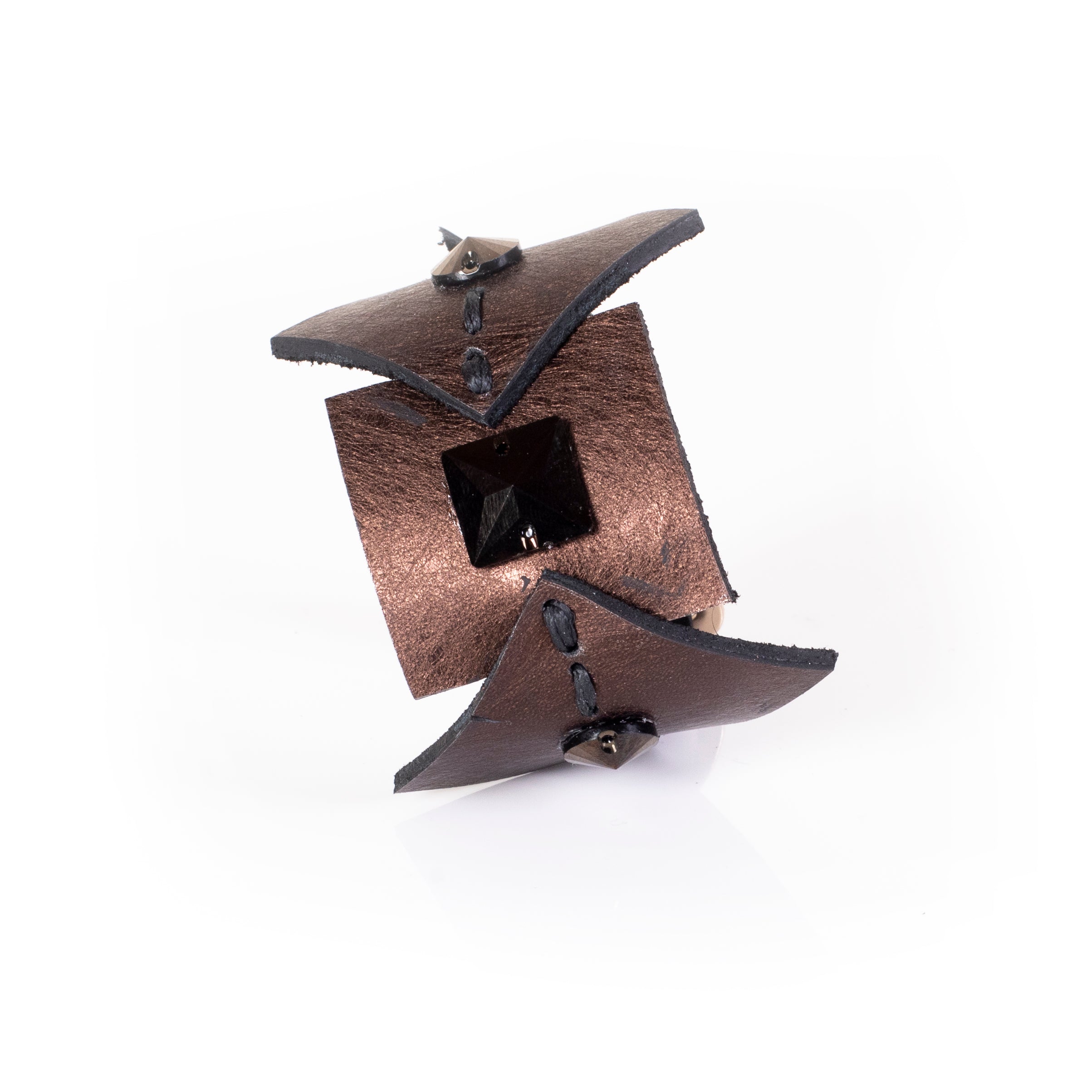 Brown leather sculptural cuff bracelet with layered panels and pyramid stud detail, handcrafted avant-garde statement bracelet for women by THE DARK