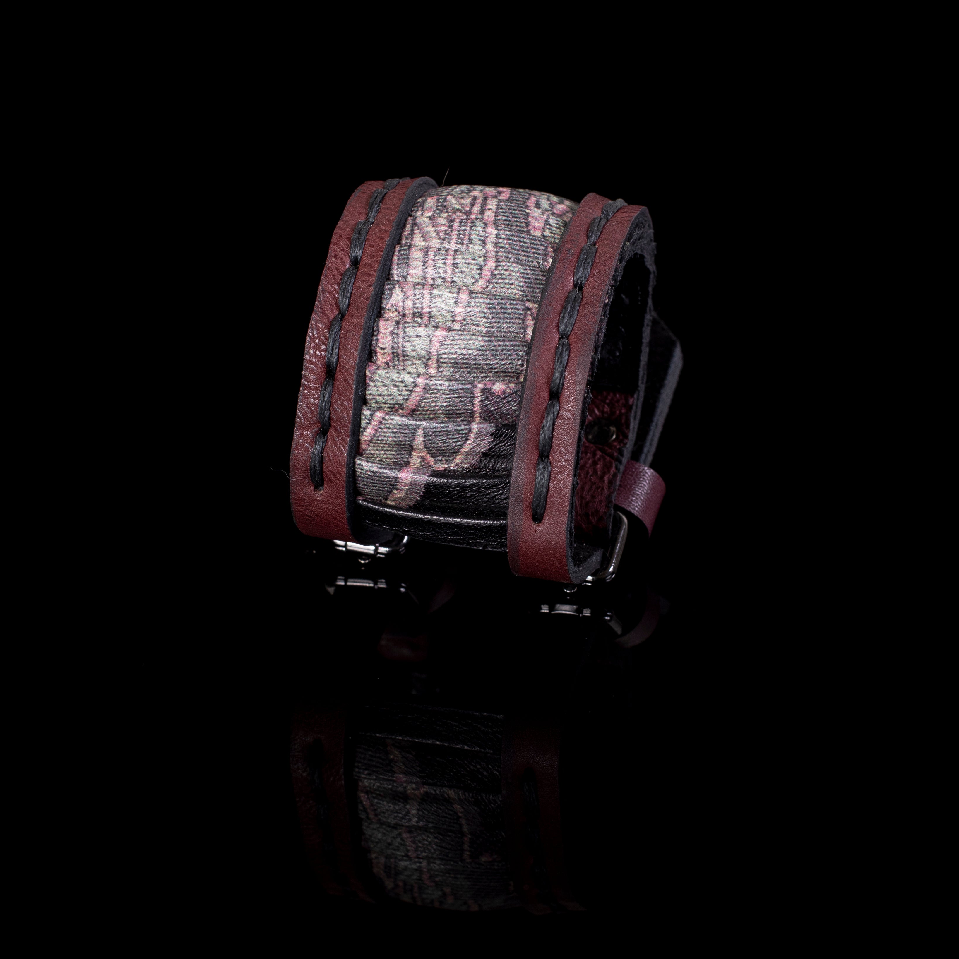 Brown leather cuff bracelet with textured fabric panel and hand-stitched detail, handcrafted wide statement bracelet for women