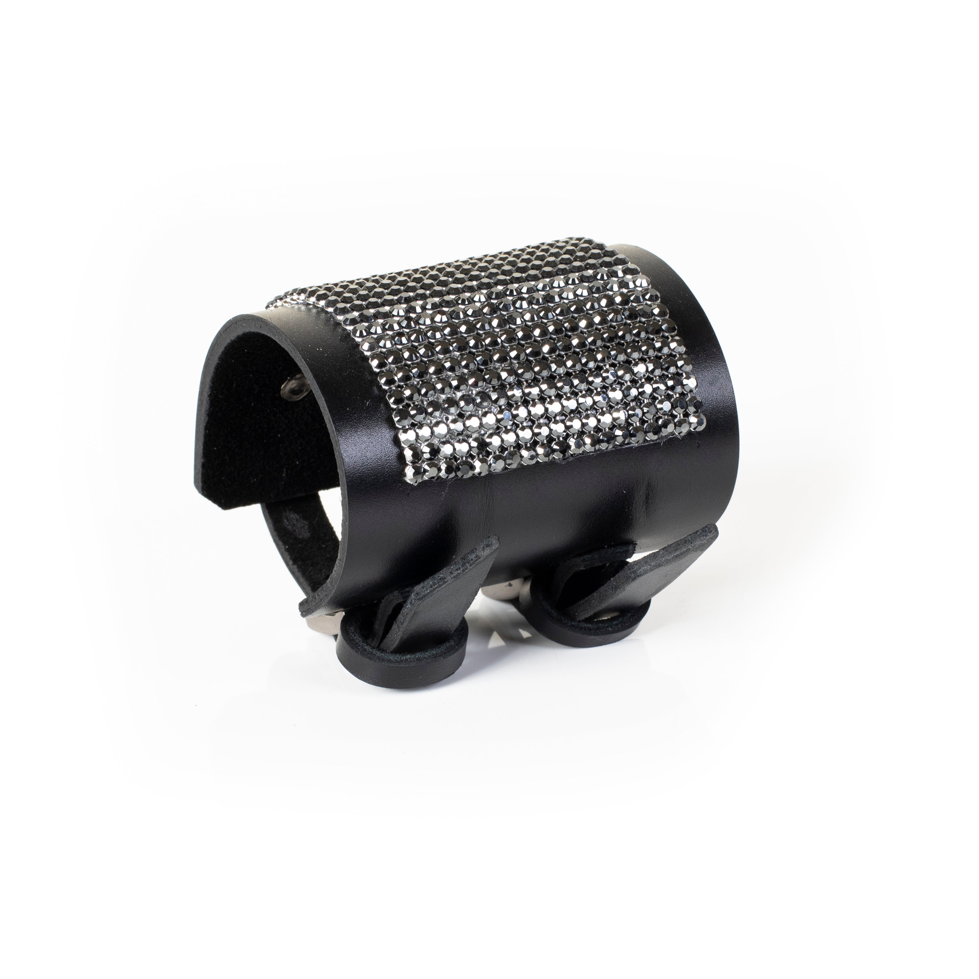 Black leather cuff bracelet with silver crystal panel and smooth wide band, handcrafted luxury statement bracelet for women by THE DARK