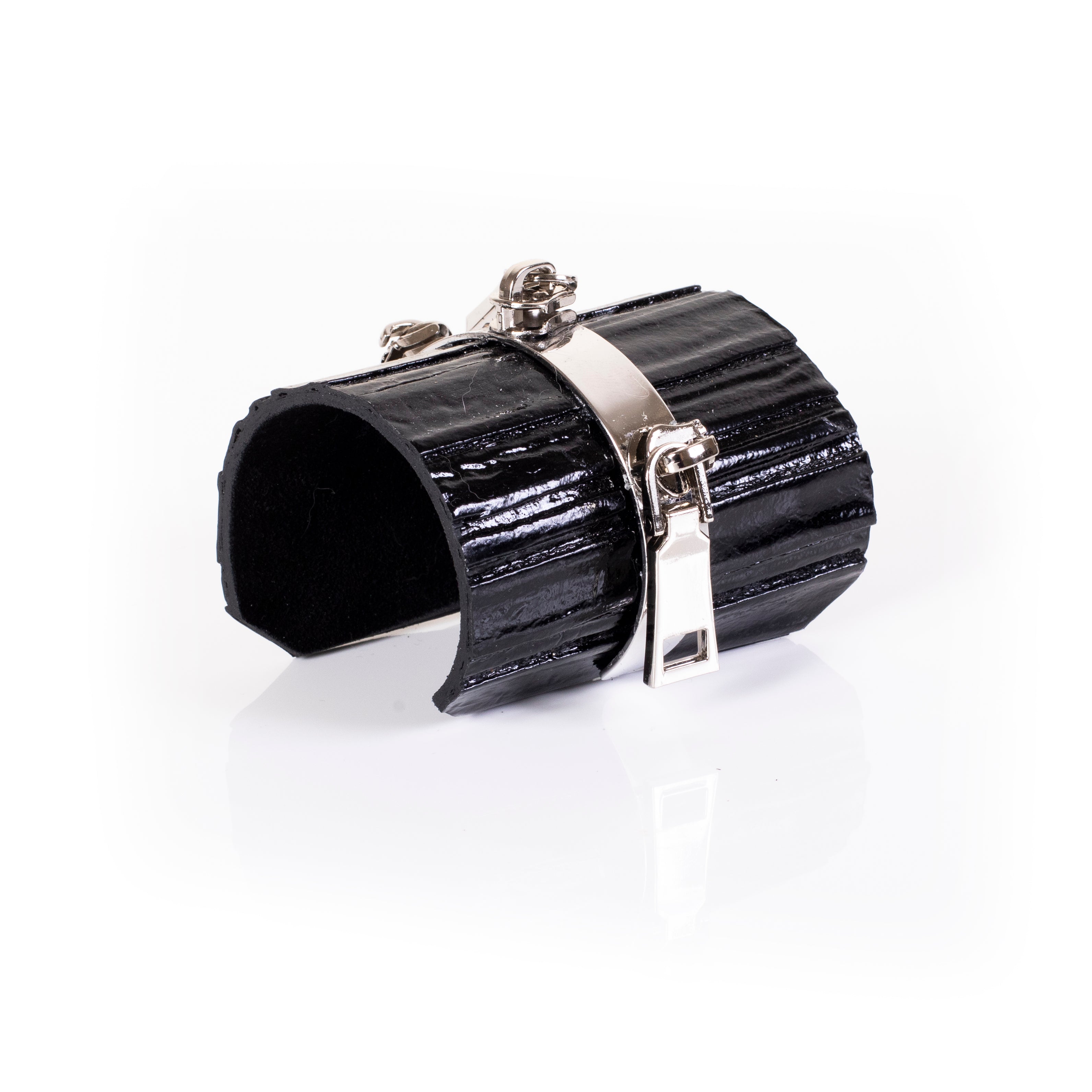 Black patent leather cuff bracelet with silver lock and zipper hardware detail, glossy wide handcrafted statement bracelet for women by THE DARK