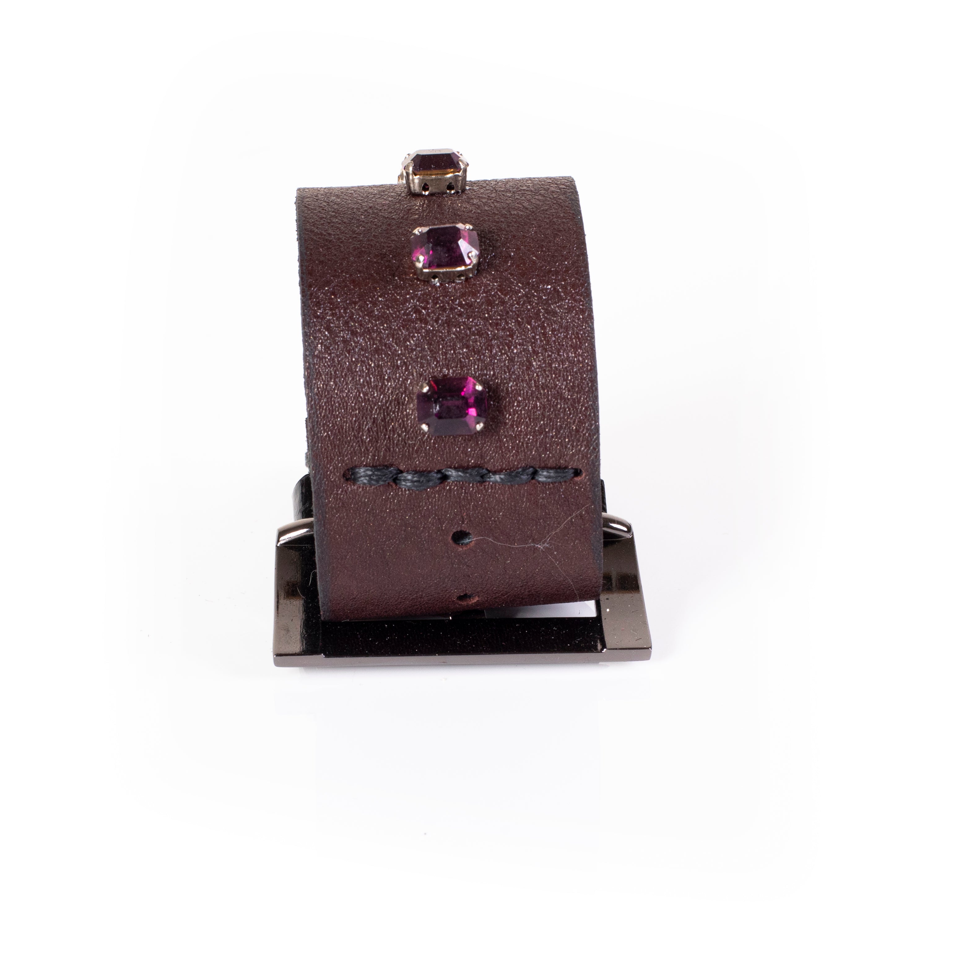 Brown leather cuff bracelet with pink crystal stones and minimalist design, handcrafted wide statement bracelet for women