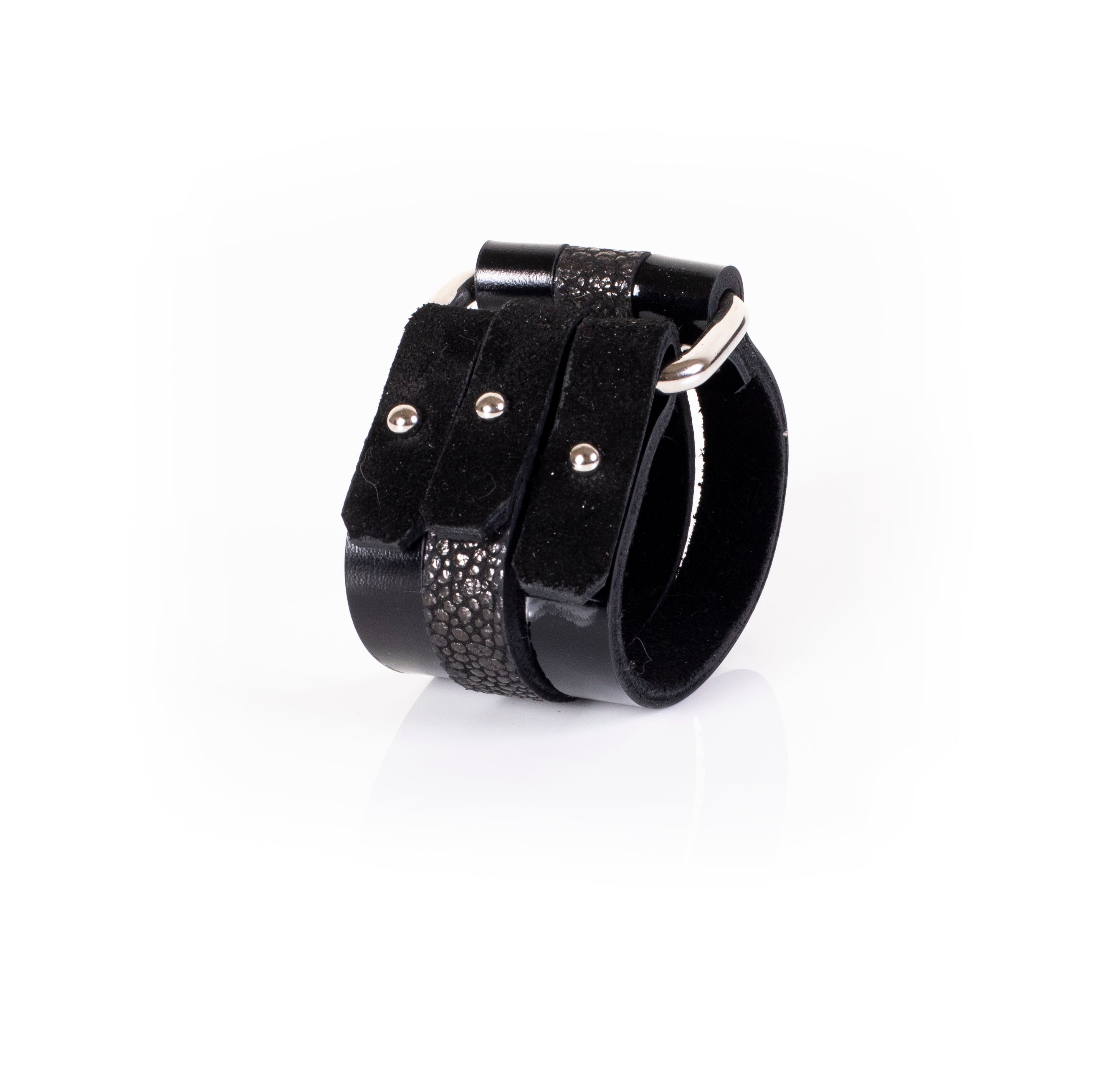 Black leather multi-strap cuff bracelet with suede panels, metal studs and ring detail, handcrafted layered statement bracelet for women by THE DARK