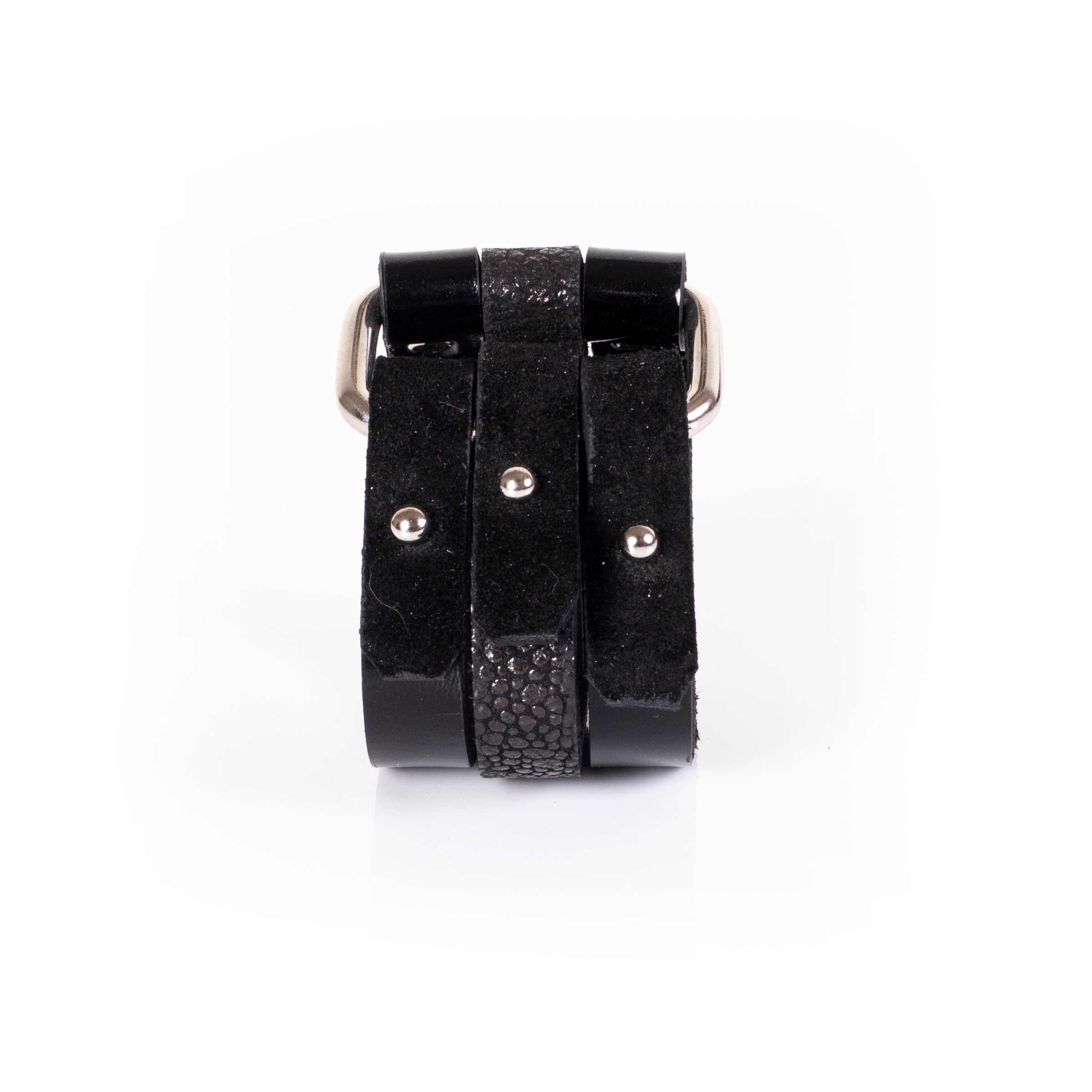 Black leather multi-strap cuff bracelet with suede panels, metal studs and ring detail, handcrafted layered statement bracelet for women by THE DARK