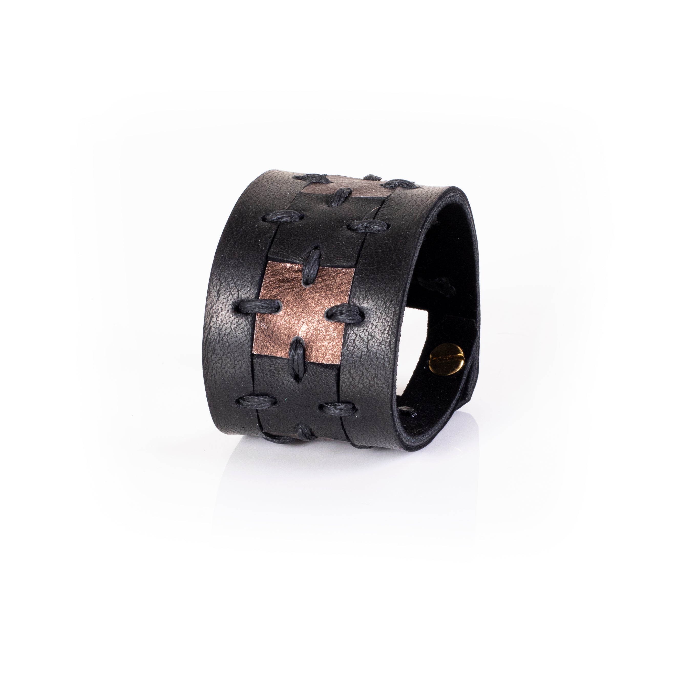 Black leather cuff bracelet with bronze center panel and visible hand stitching, handcrafted wide statement bracelet for women by THE DARK