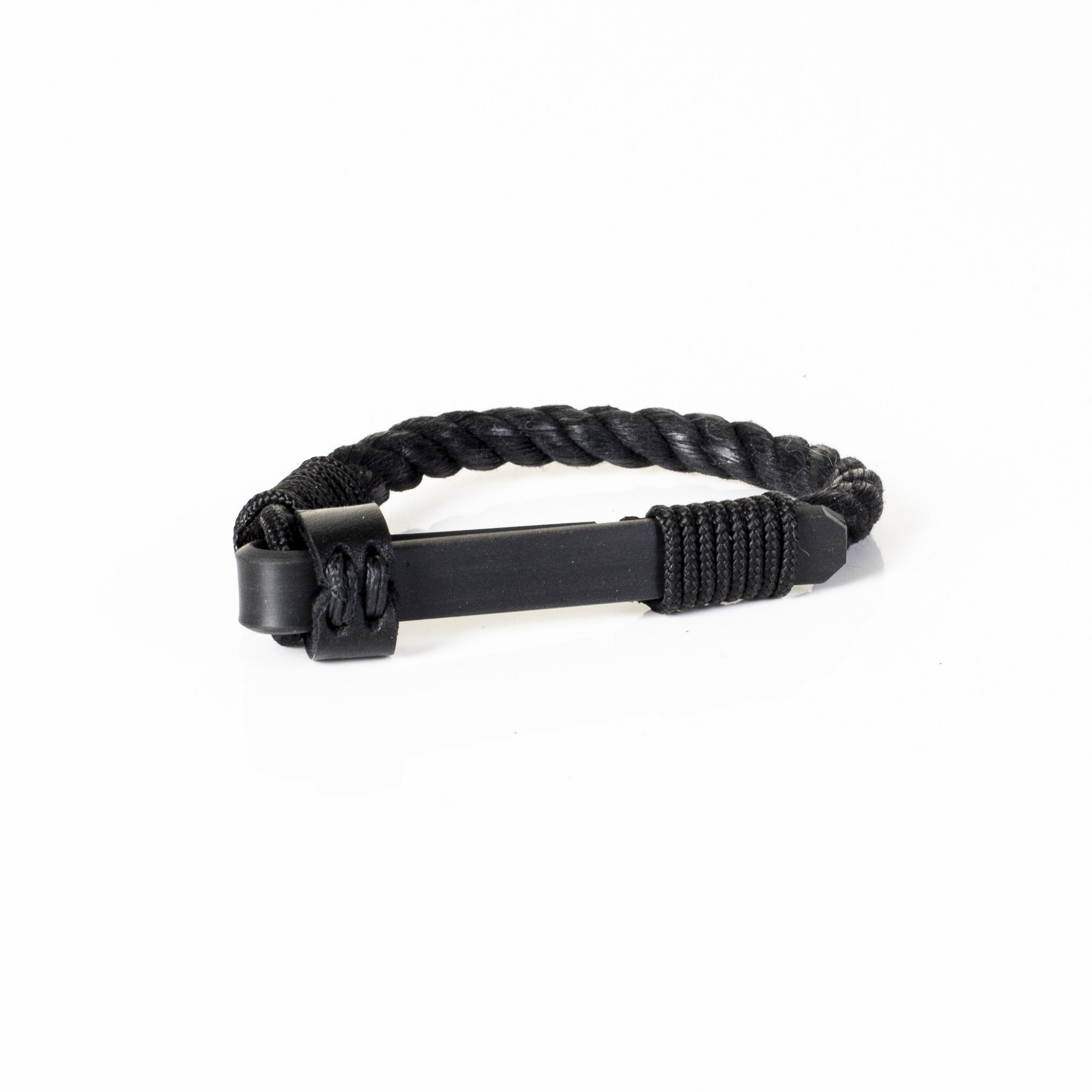 Handmade black braided leather bracelet for men featuring a black leather hook closure and thick braided leather design on a white background.