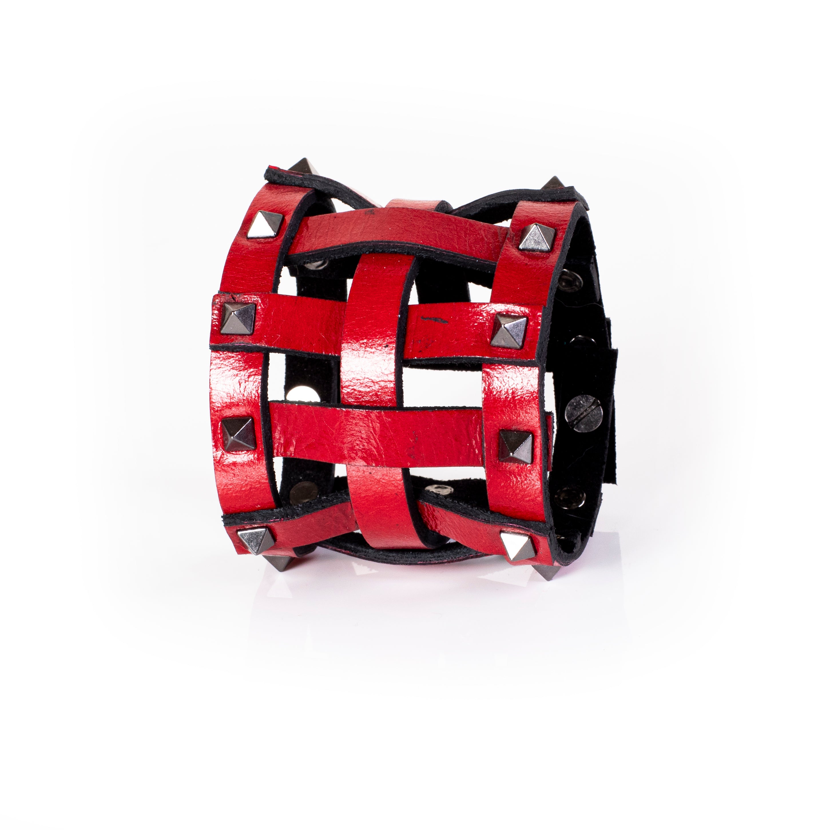 Red leather cage cuff bracelet with silver pyramid studs and black interior, handcrafted wide statement bracelet for women by THE DARK