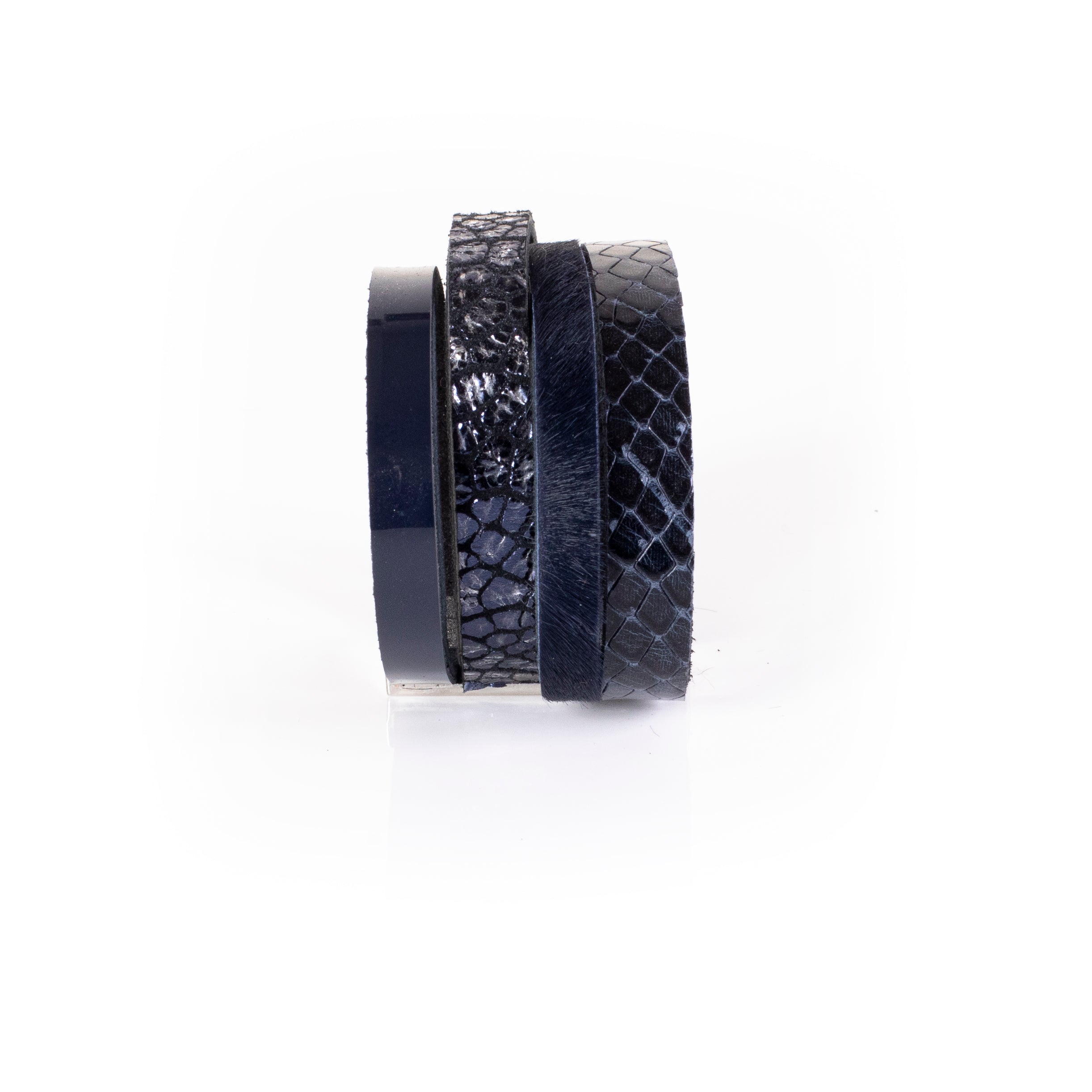 Black leather layered cuff bracelet with python textured straps and glossy band detail, handcrafted minimalist statement bracelet for women by THE DARK