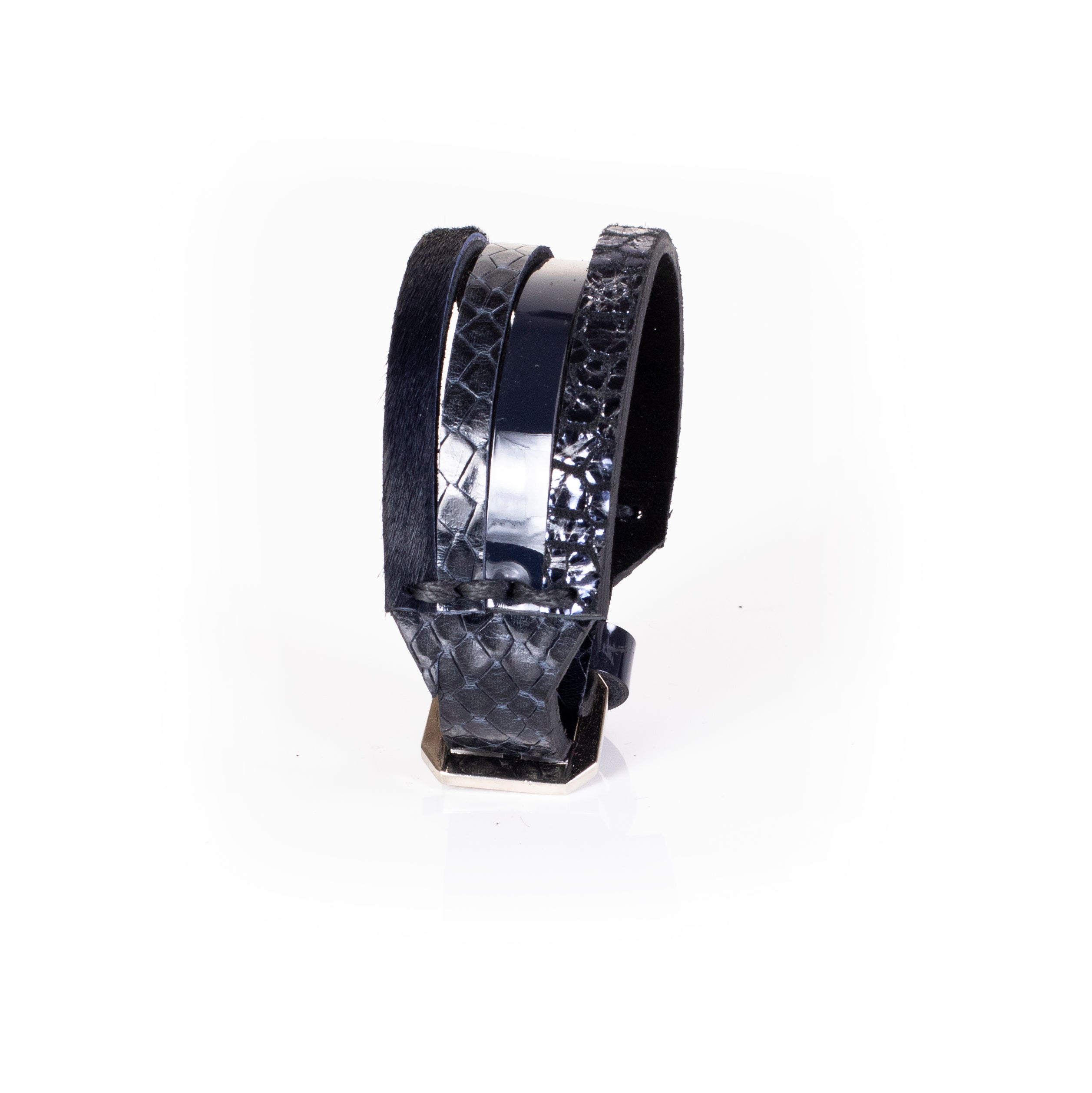 Black leather layered wrap bracelet with python textured strap, glossy band and multi-finish design, handcrafted statement bracelet for women by THE DARK