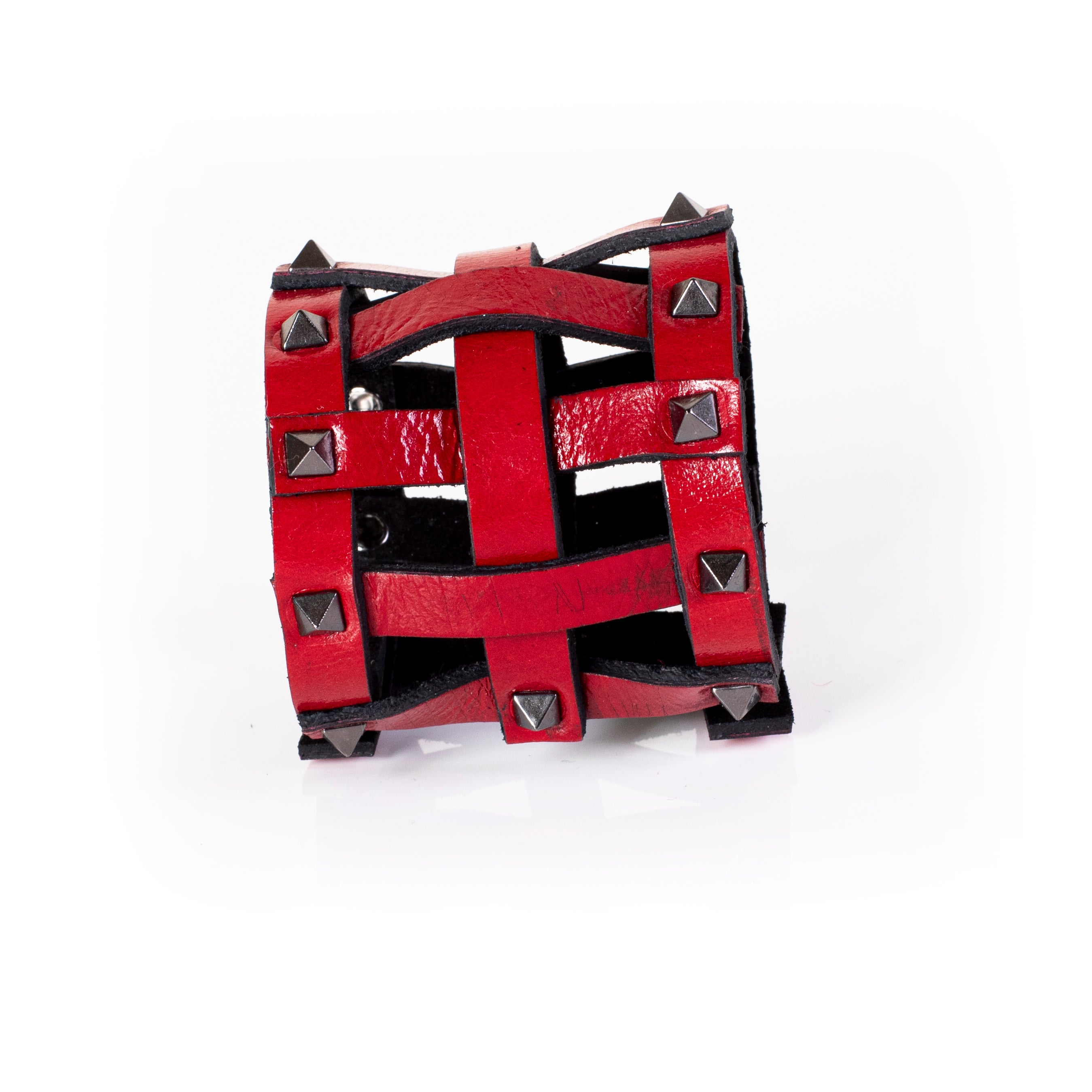 Red leather cage cuff bracelet with silver pyramid studs and black interior, handcrafted wide statement bracelet for women by THE DARK