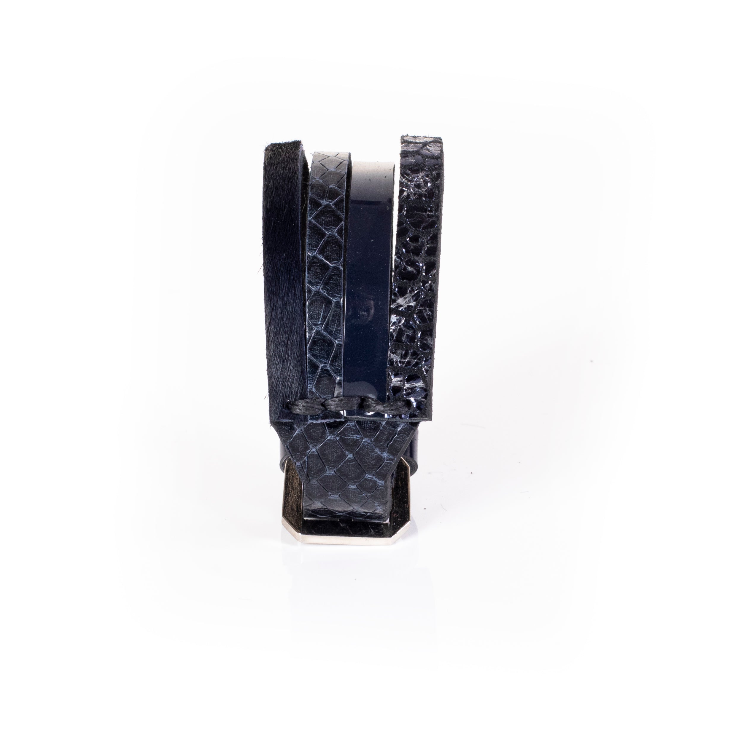 Black leather layered wrap bracelet with python textured strap, glossy band and multi-finish design, handcrafted statement bracelet for women by THE DARK
