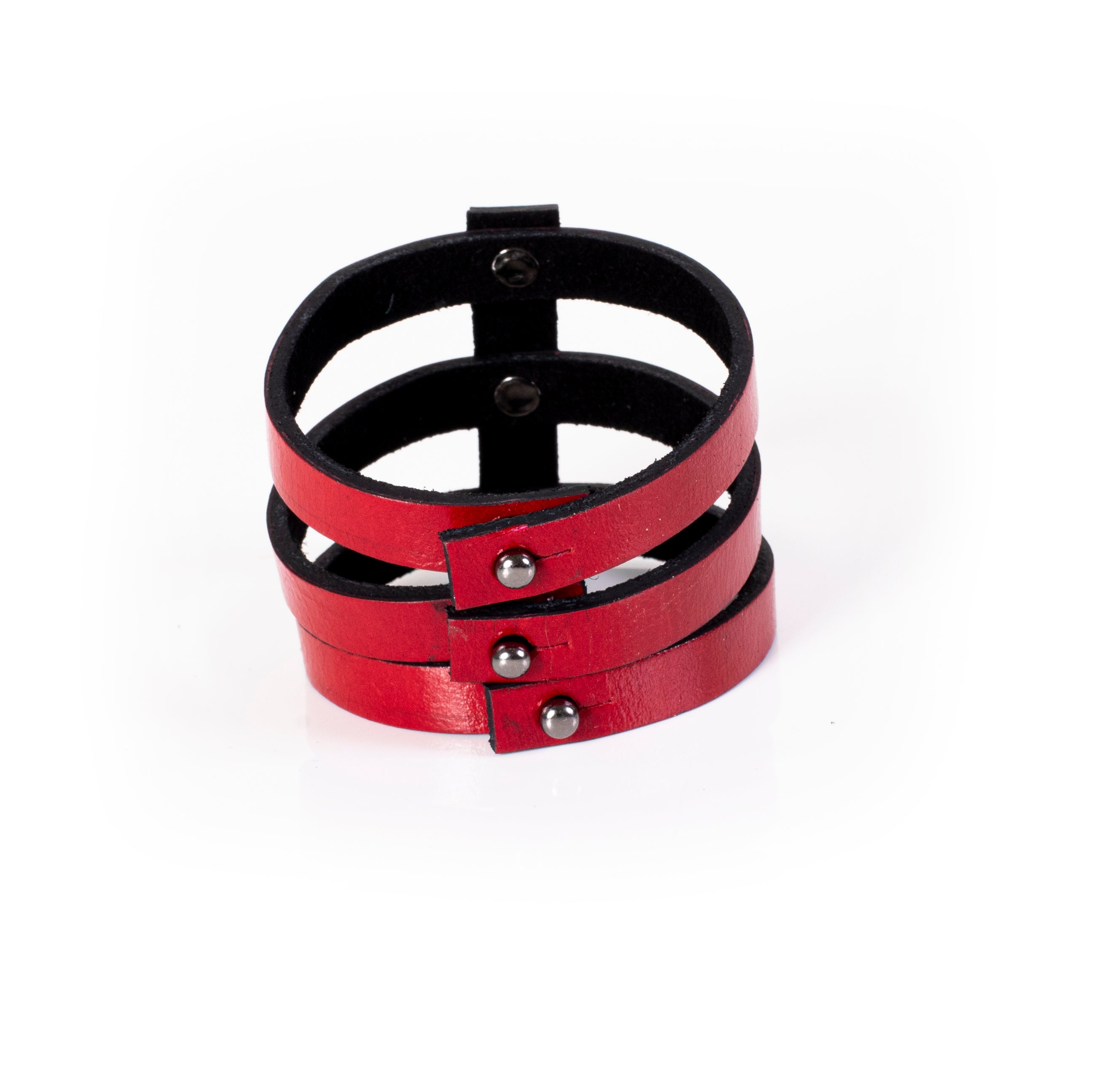 Red leather triple strap cuff bracelet with silver pyramid studs and black interior lining, handcrafted structured bracelet for women by THE DARK