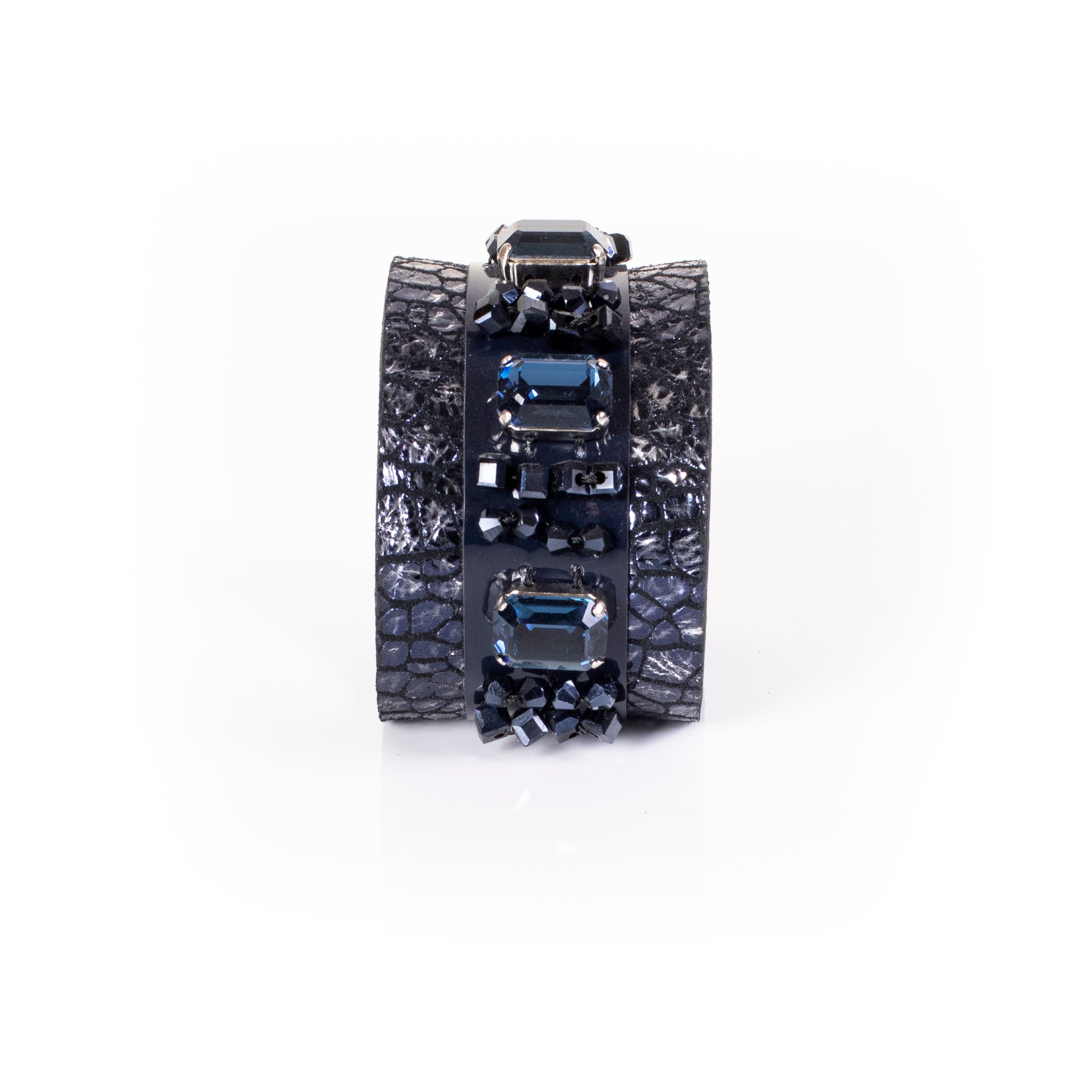 Black python leather cuff bracelet with blue faceted crystals and black bead clusters, handcrafted luxury statement bracelet for women by THE DARK