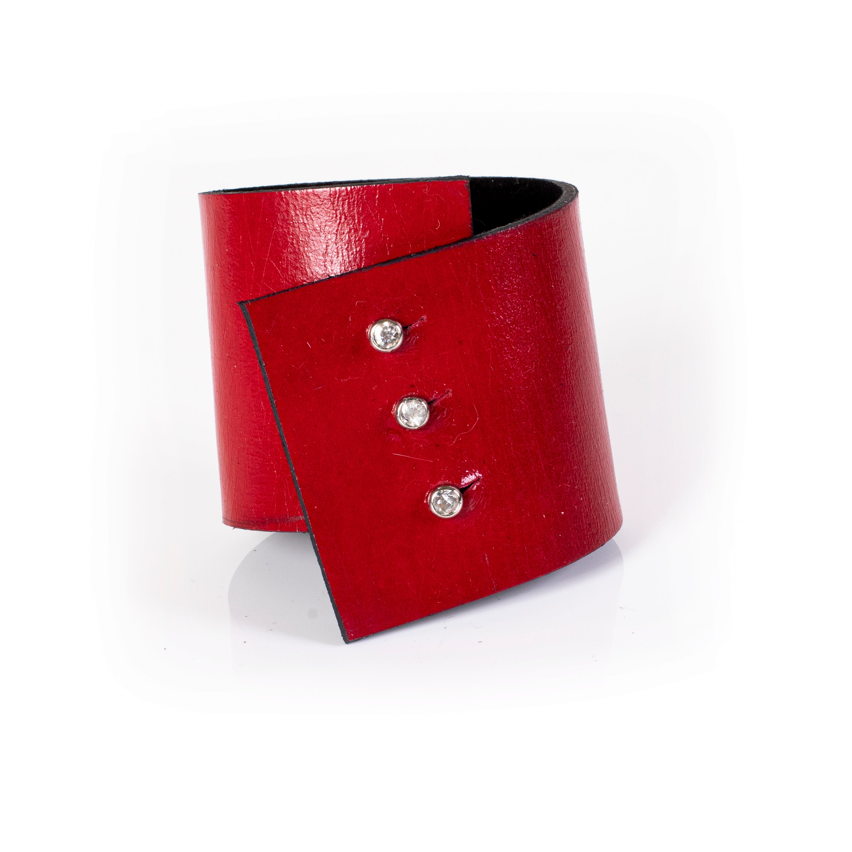Red leather cuff bracelet with minimalist flap detail and metal studs, handcrafted wide statement bracelet for women