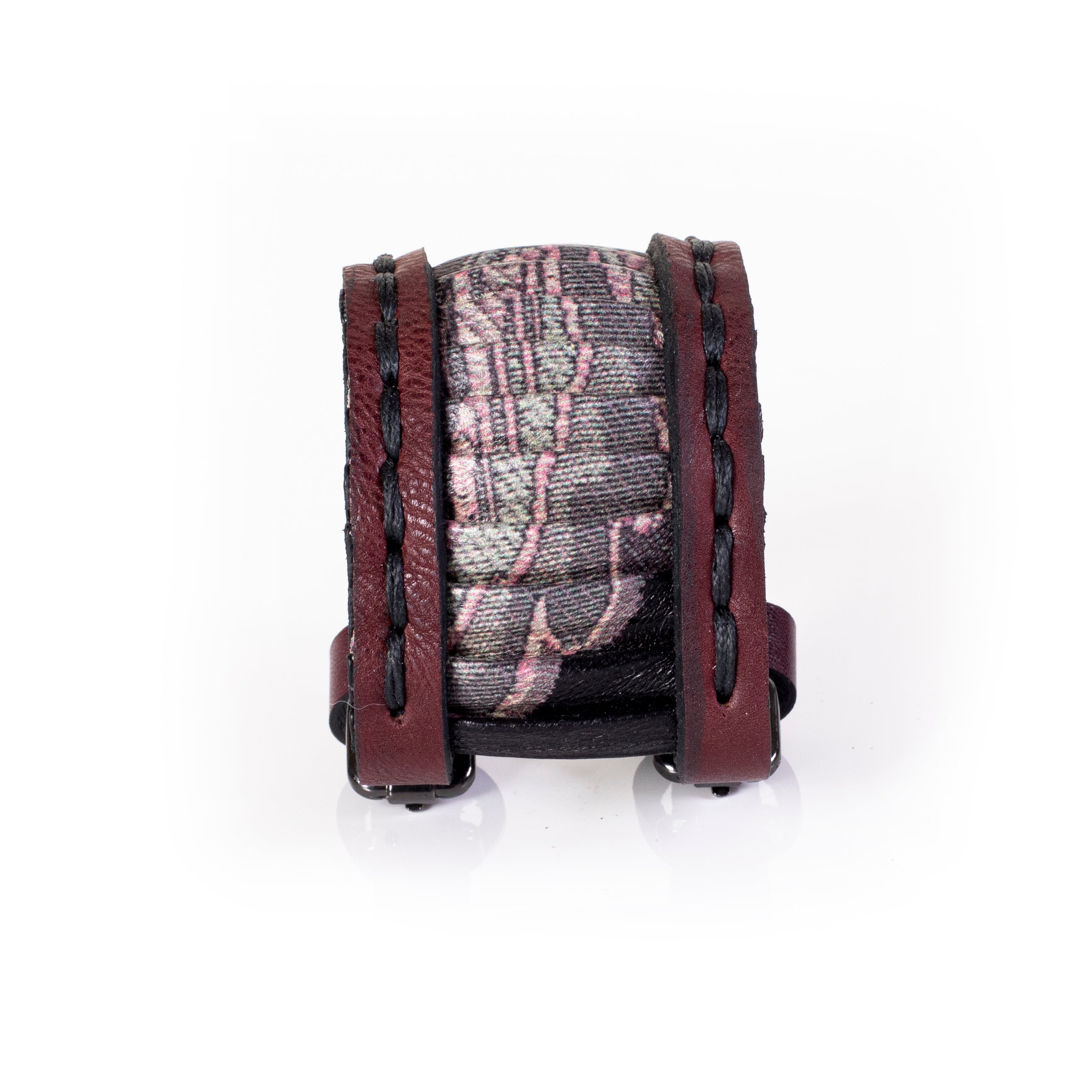 Brown leather cuff bracelet with textured fabric panel and hand-stitched detail, handcrafted wide statement bracelet for women