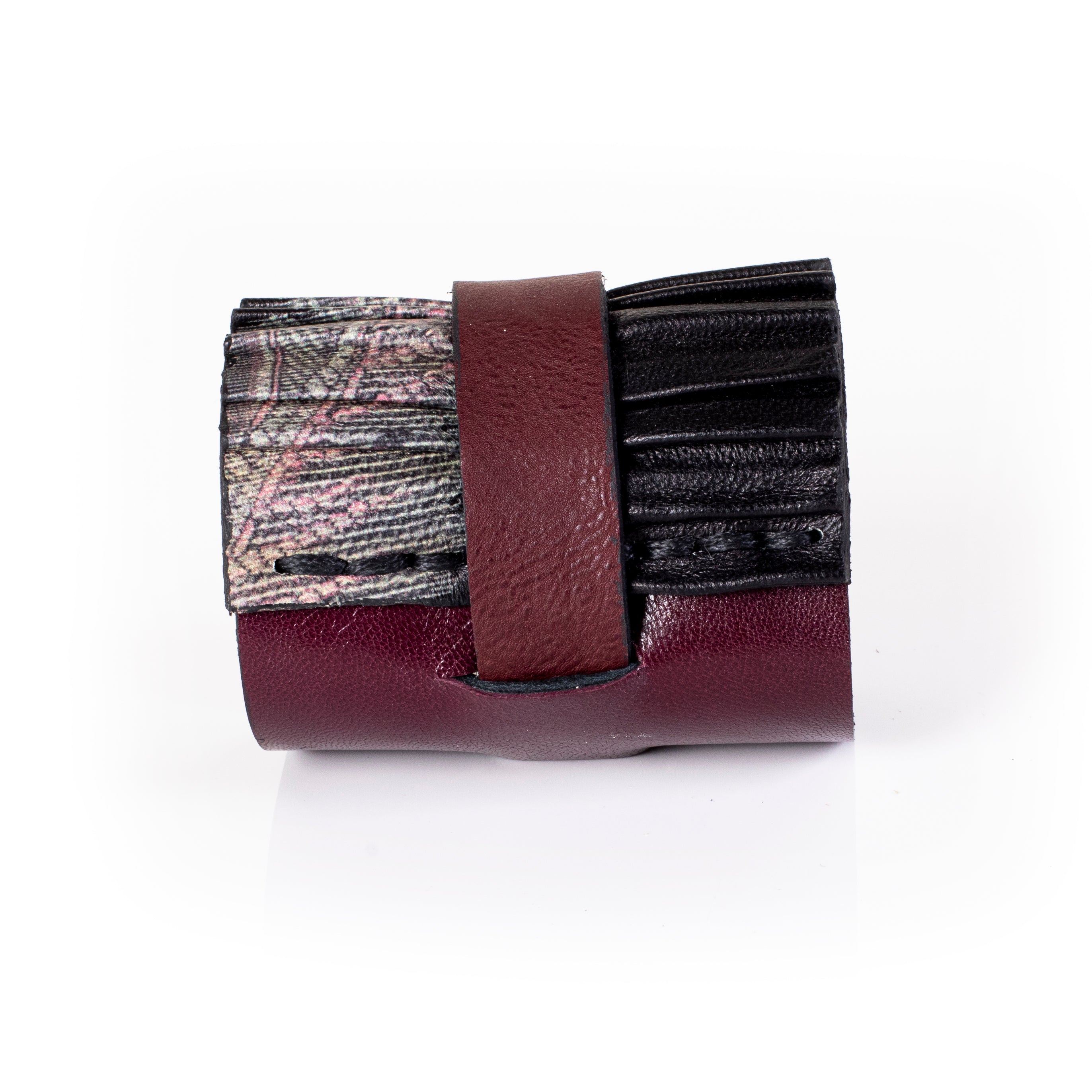Brown leather cuff bracelet with pleated leather and textured fabric detail, handcrafted wide statement bracelet for women