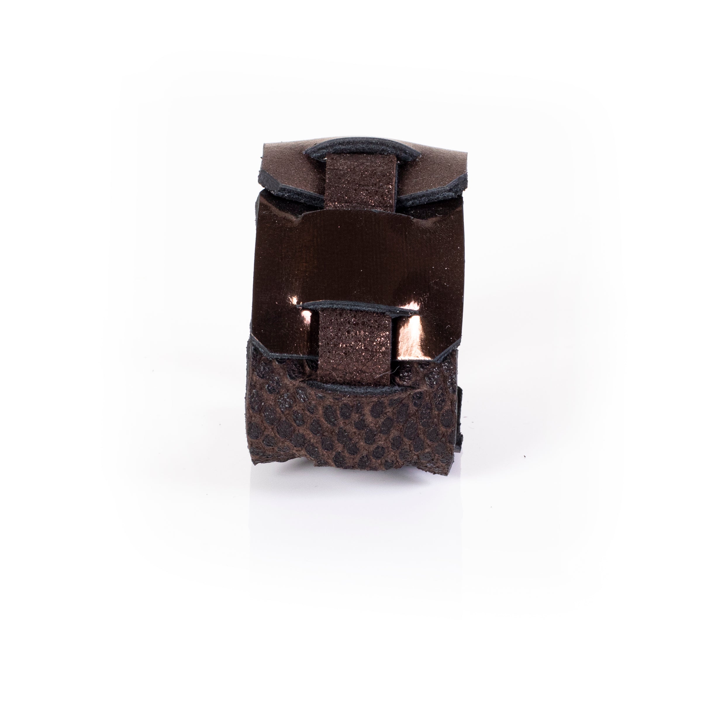 Black and bronze leather cuff bracelet with layered panels and textured leather detail, handcrafted wide statement bracelet for women