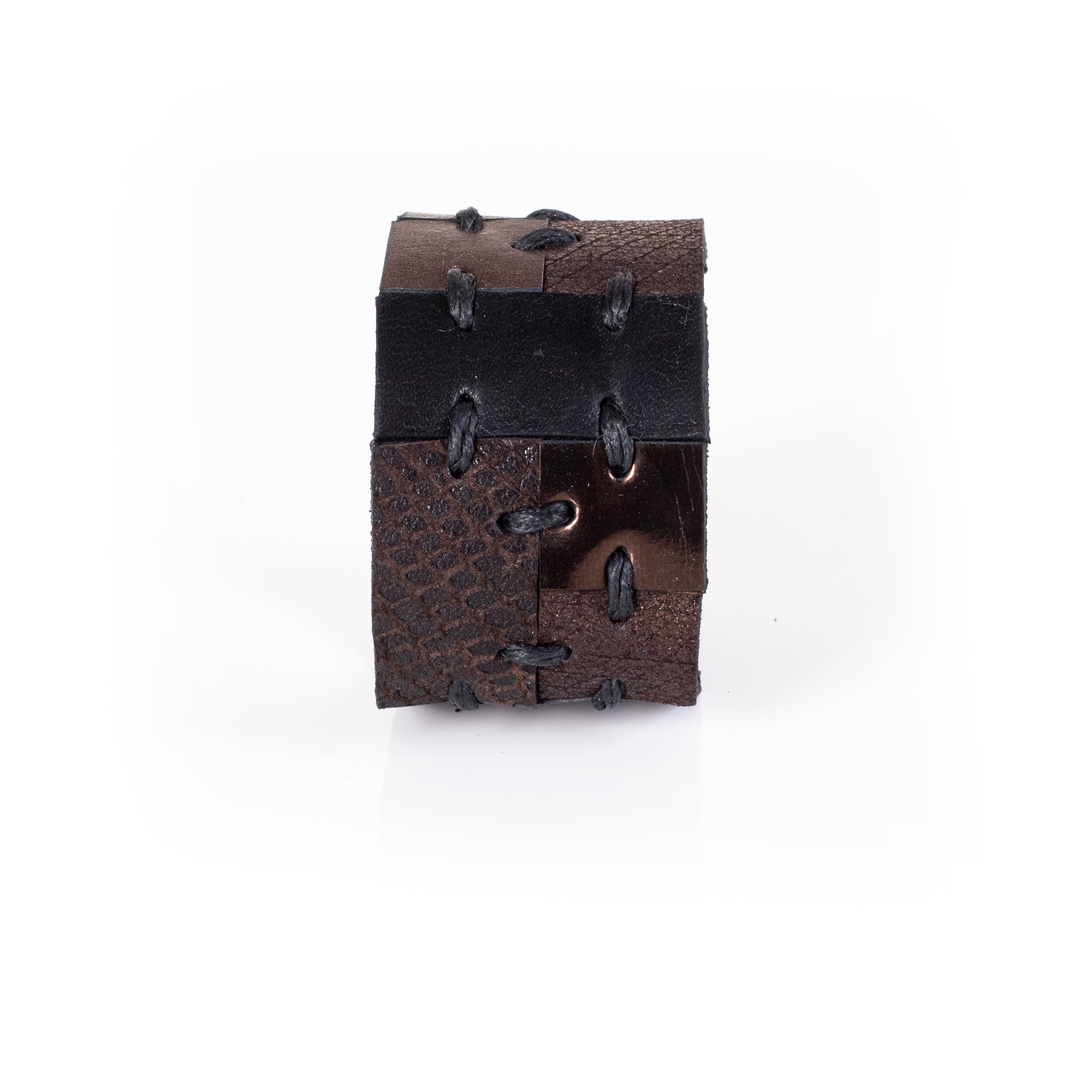 Black and bronze leather cuff bracelet with stitched panel design and textured leather, handcrafted wide statement bracelet for women