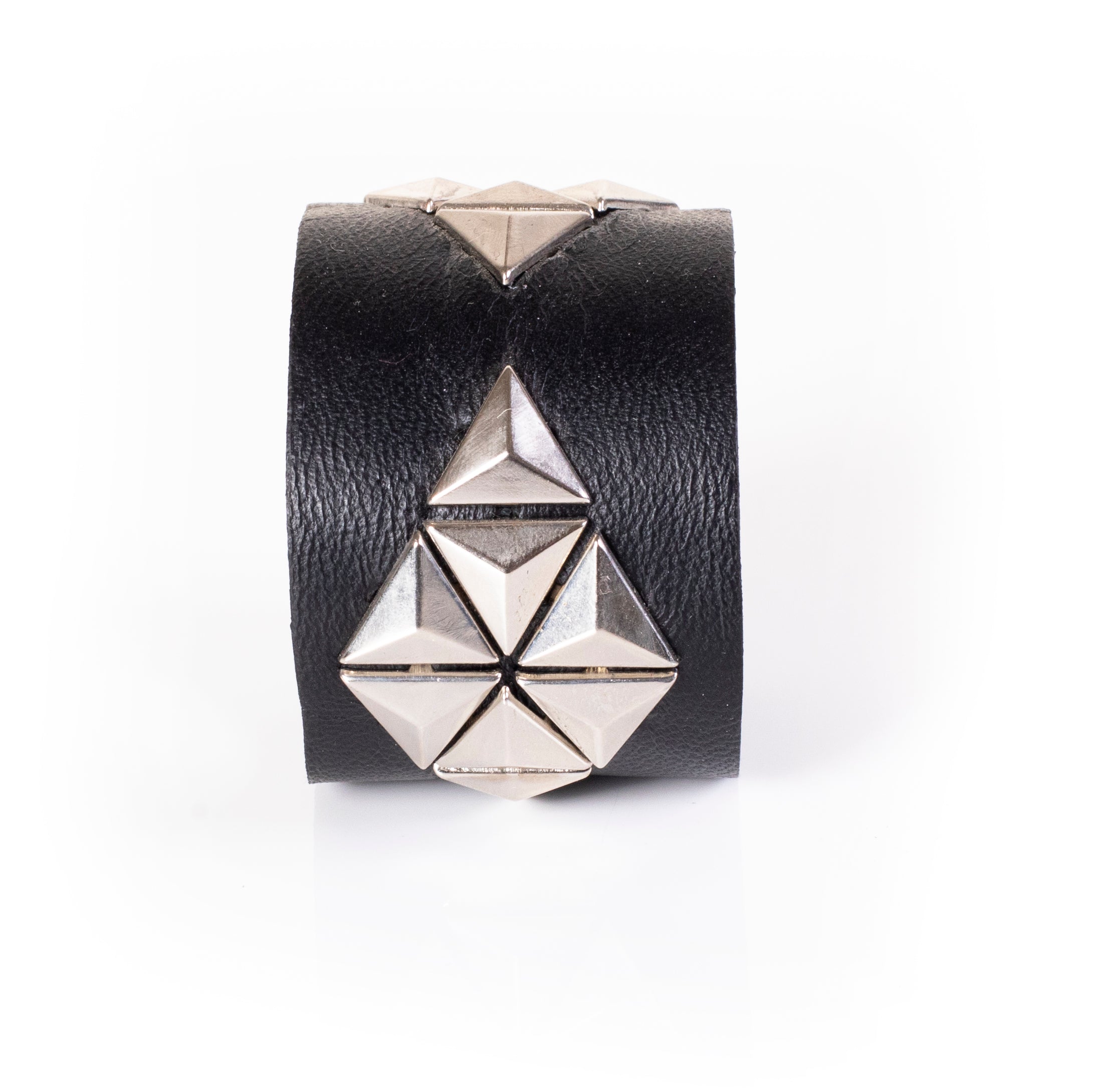 Black leather cuff bracelet with silver pyramid studs cluster, wide geometric statement bracelet for women