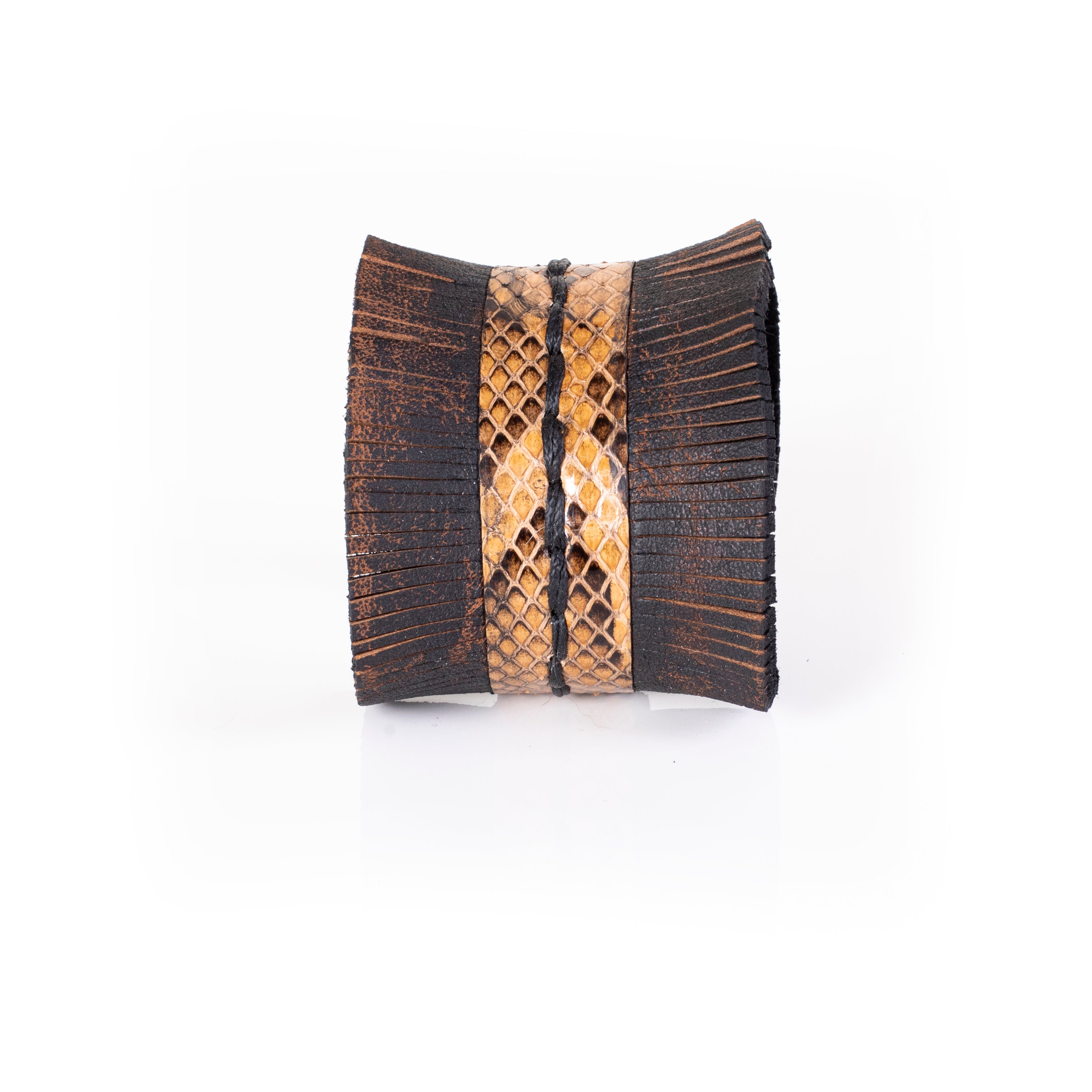 Brown leather wide cuff bracelet with central python textured panel, fringe edges and hand stitching, handcrafted statement bracelet for women by THE DARK
