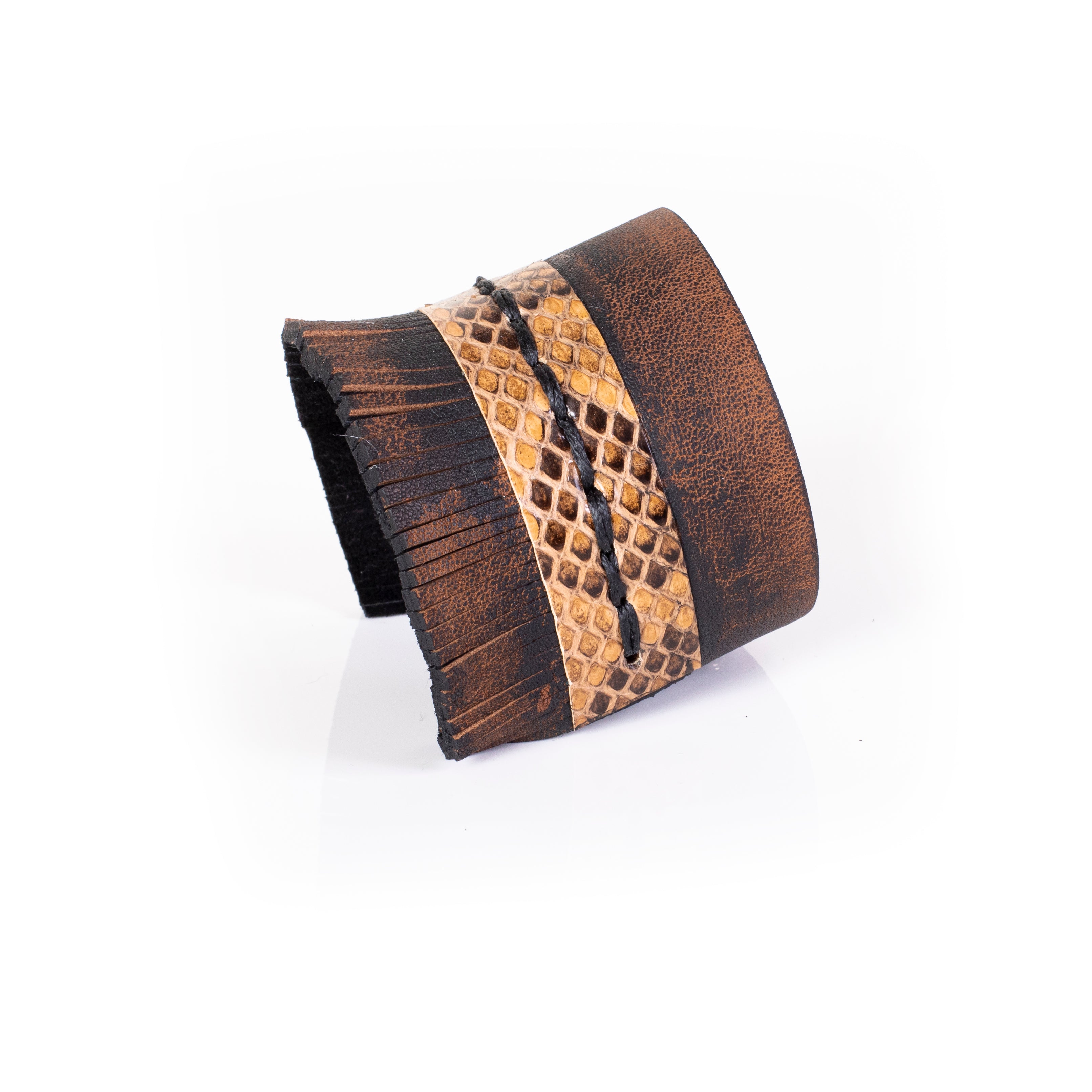Brown leather cuff bracelet with python textured panel, fringe edge and hand stitching, handcrafted wide statement bracelet for women by THE DARK