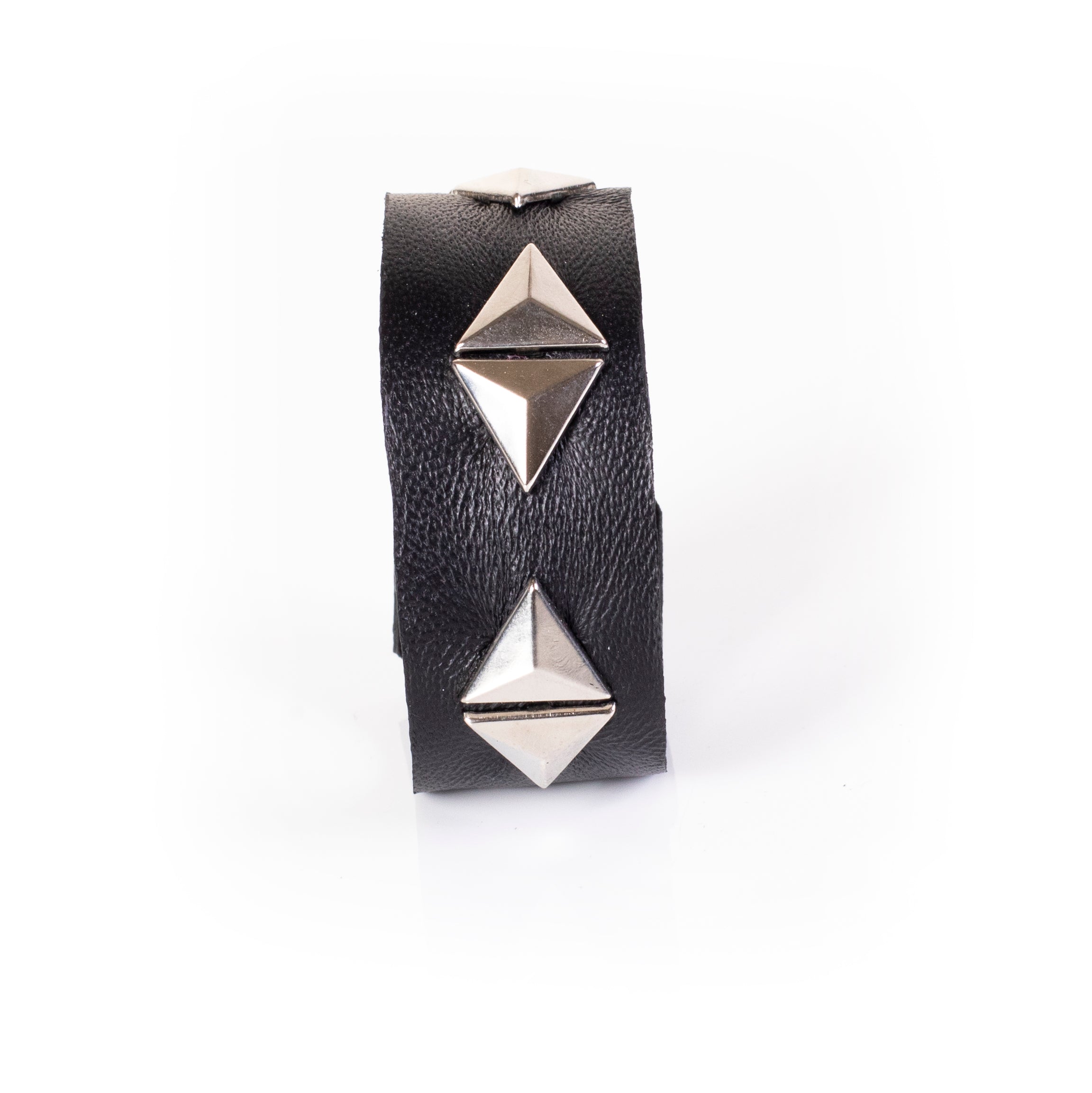 Black leather cuff bracelet with silver pyramid studs, minimal geometric statement bracelet for women